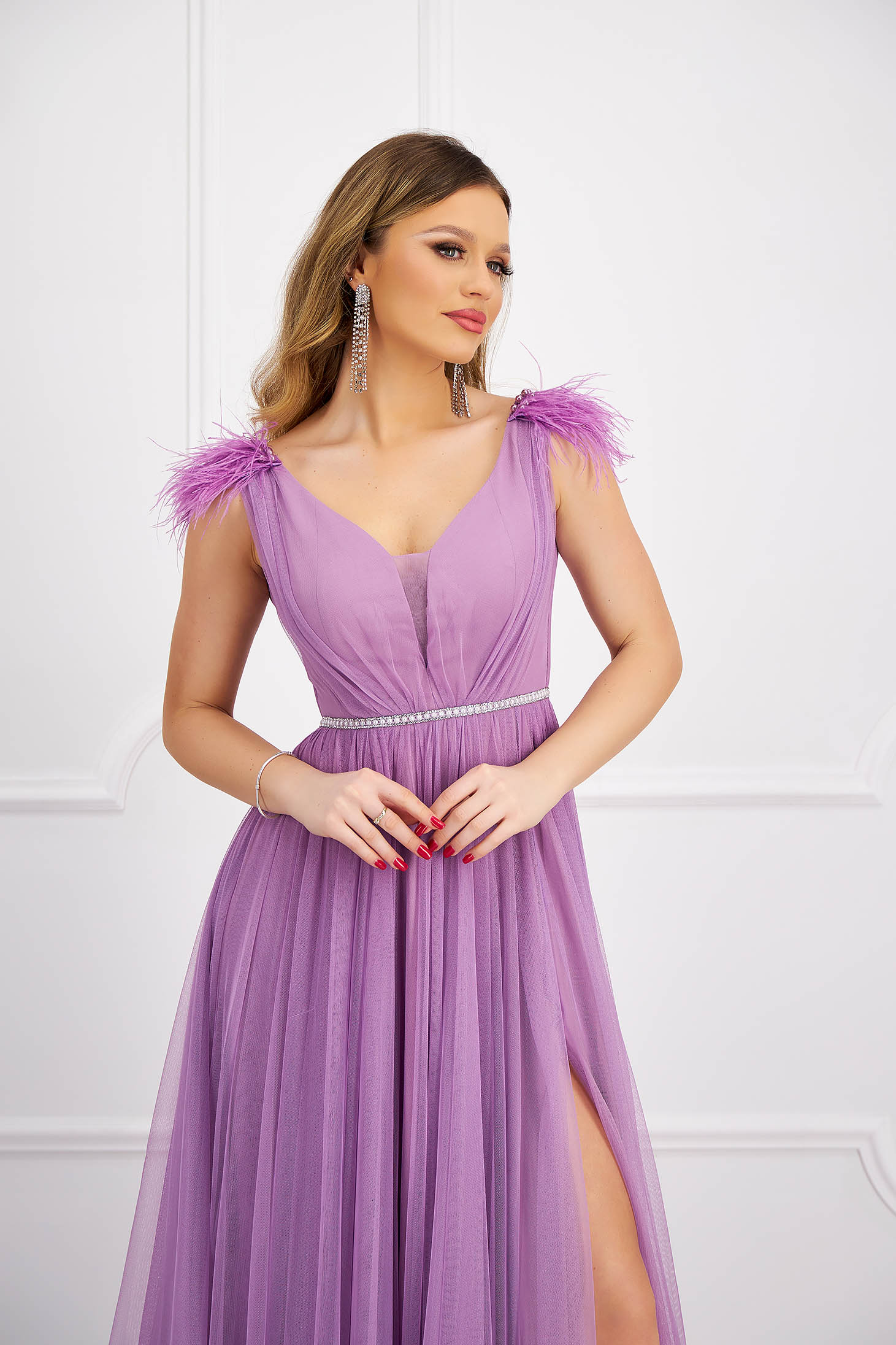 Long lilac tulle dress in flared style accessorized with rhinestones and feathers 2 - StarShinerS.com