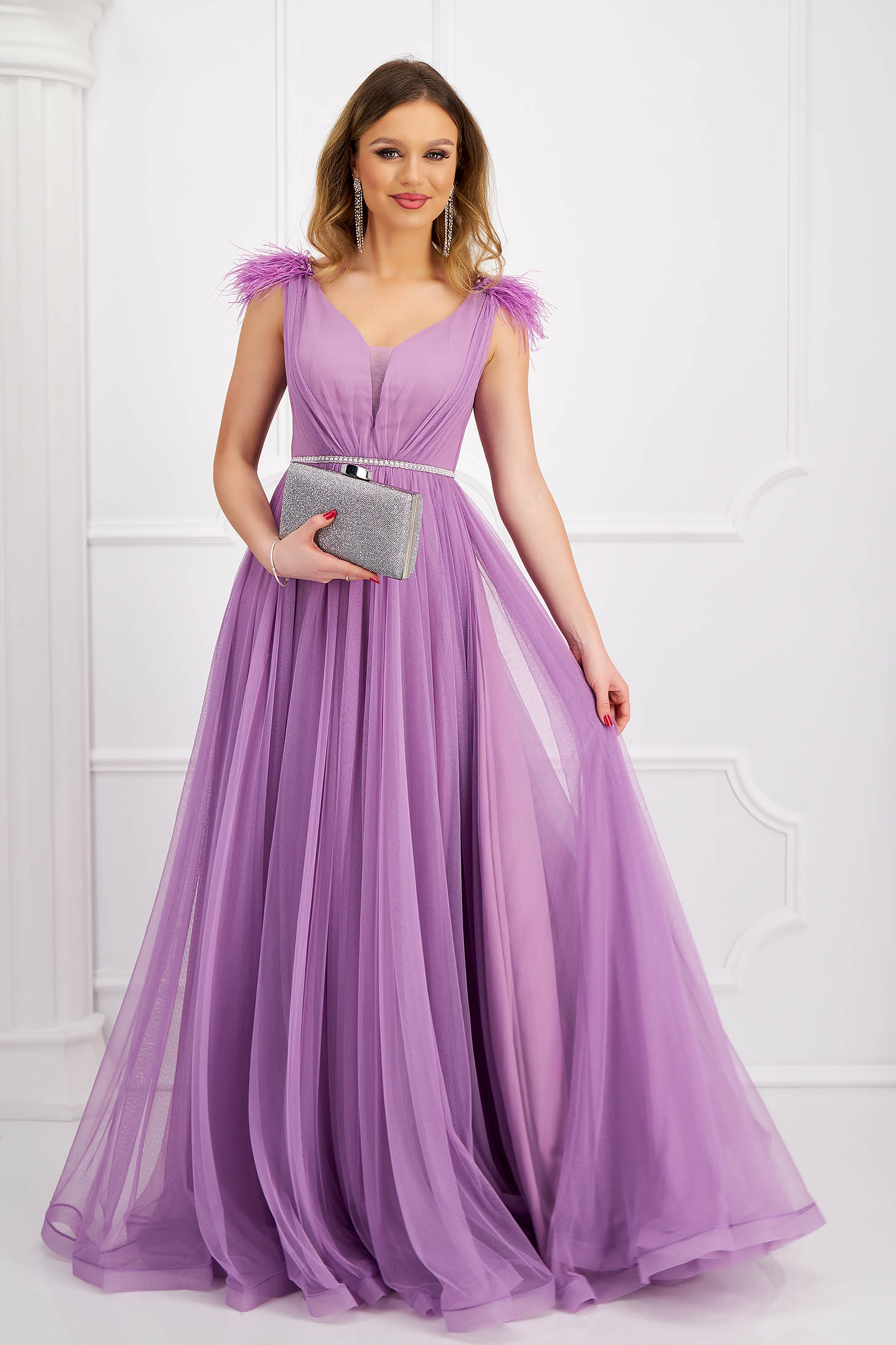 Long lilac tulle dress in flared style accessorized with rhinestones and feathers 4 - StarShinerS.com