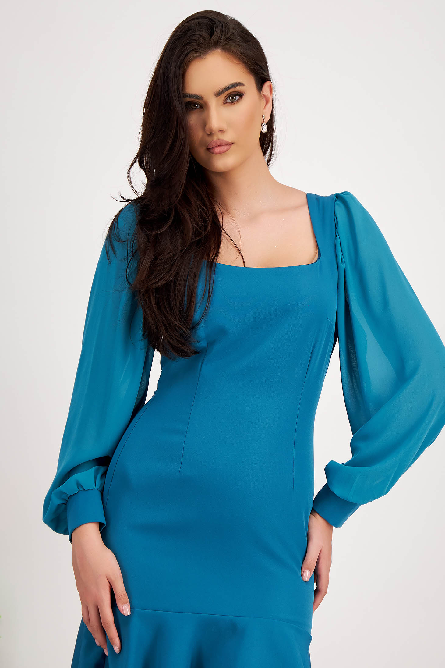 Petrol Blue Pencil Dress made from slightly stretchy fabric with puff sleeves in voal - StarShinerS 2 - StarShinerS.com