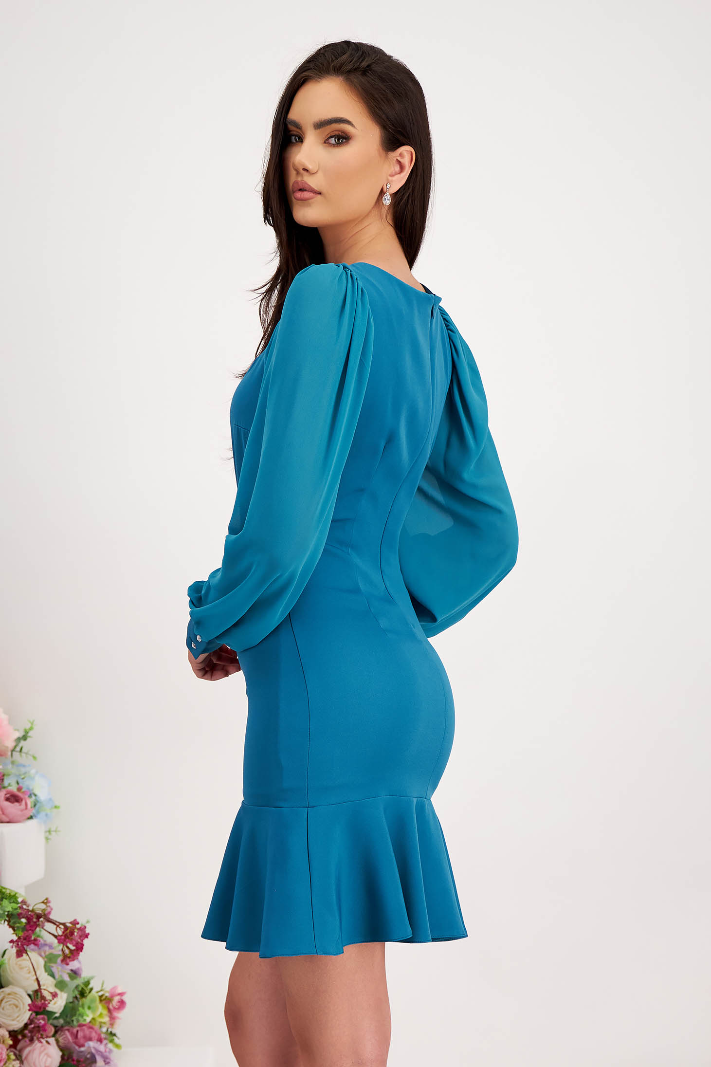 Petrol Blue Pencil Dress made from slightly stretchy fabric with puff sleeves in voal - StarShinerS 3 - StarShinerS.com