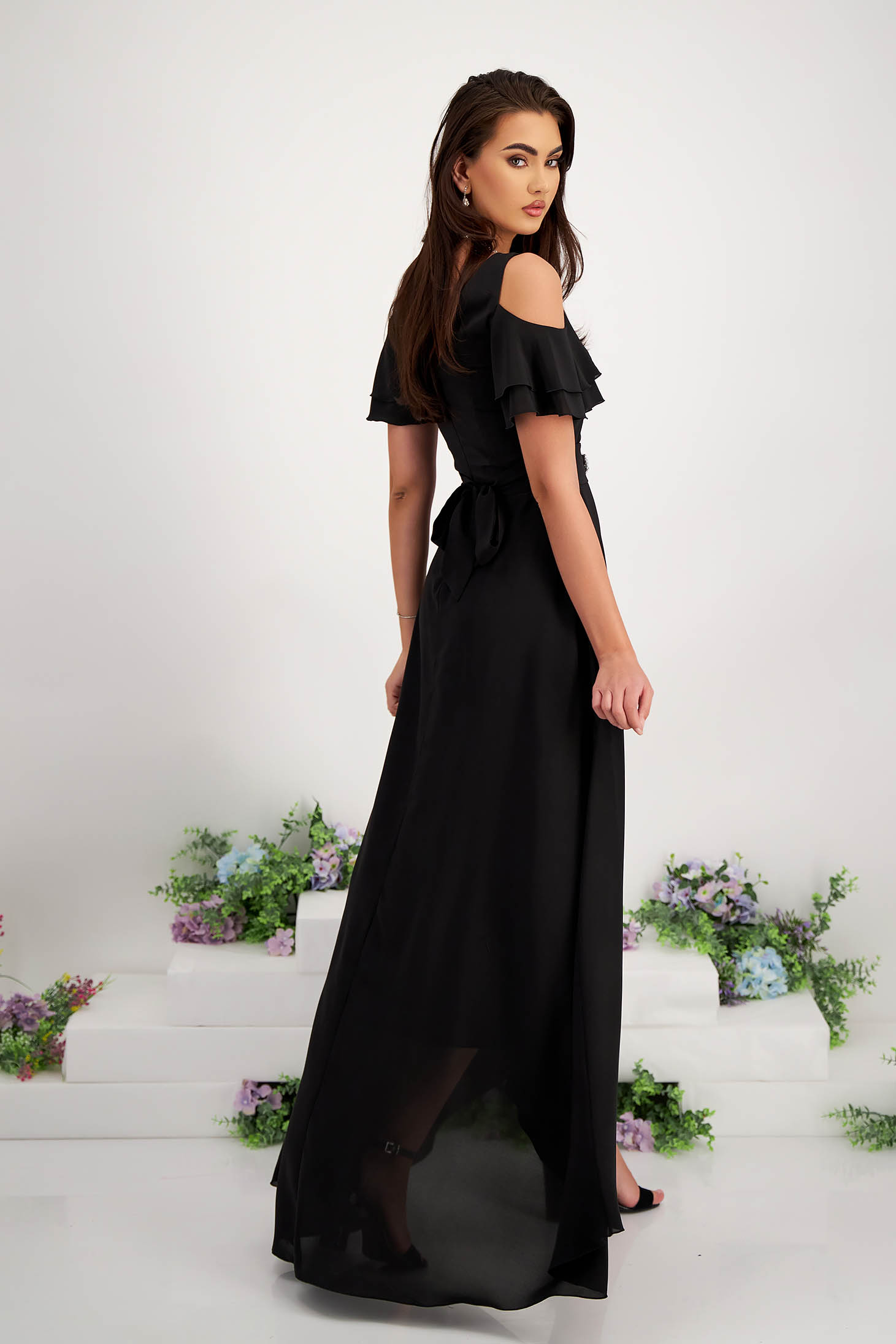 Asymmetrical Long Black Chiffon Dress with Cut-out Shoulders - StarShinerS 4 - StarShinerS.com