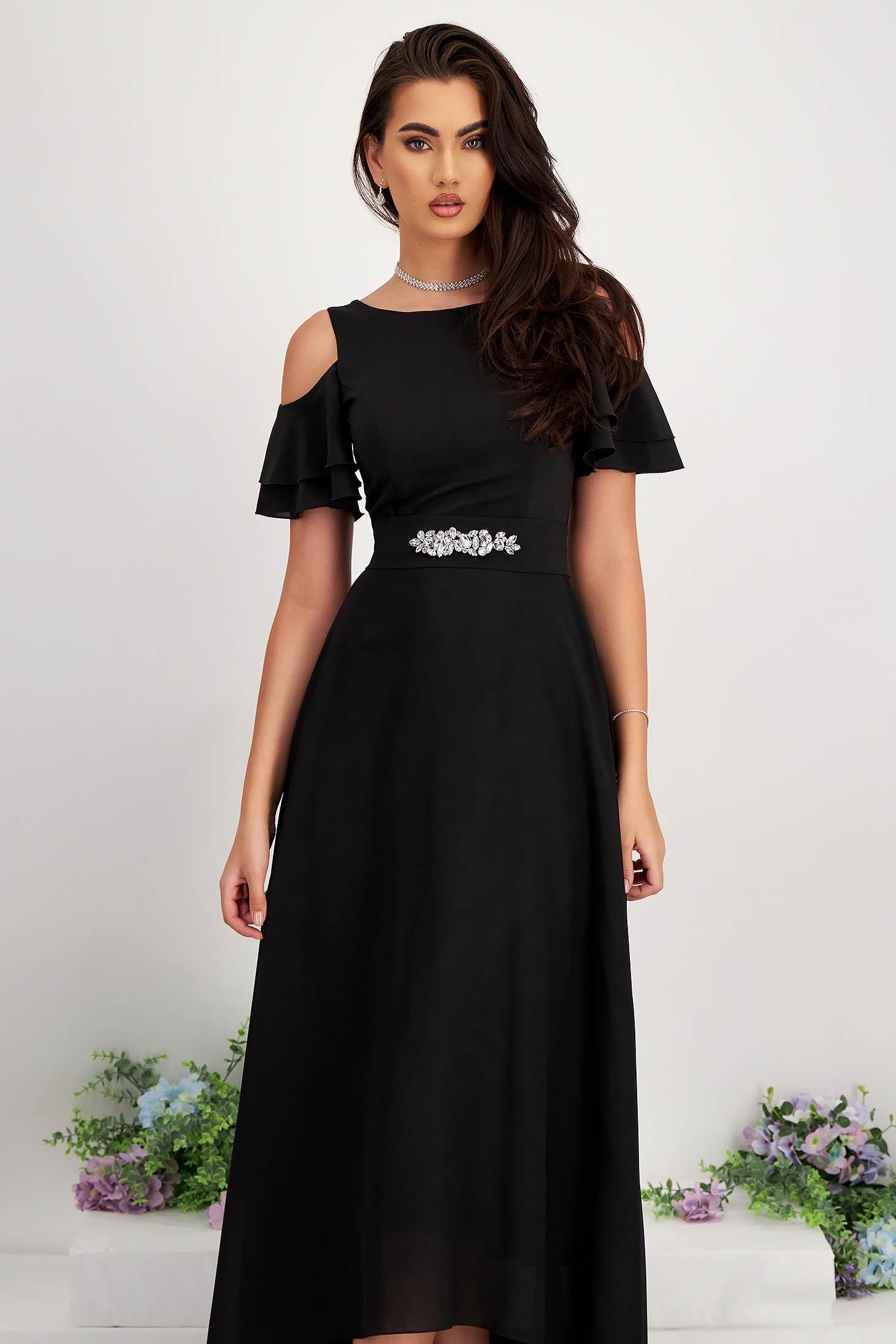Asymmetrical Long Black Chiffon Dress with Cut-out Shoulders - StarShinerS 2 - StarShinerS.com