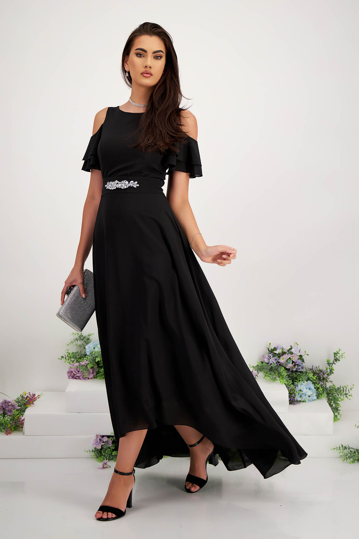 Fekete - StarShinerS ruha muszlinból asszimmetrikus hosszú kivágott vállrésszel 5 - StarShinerS.hu