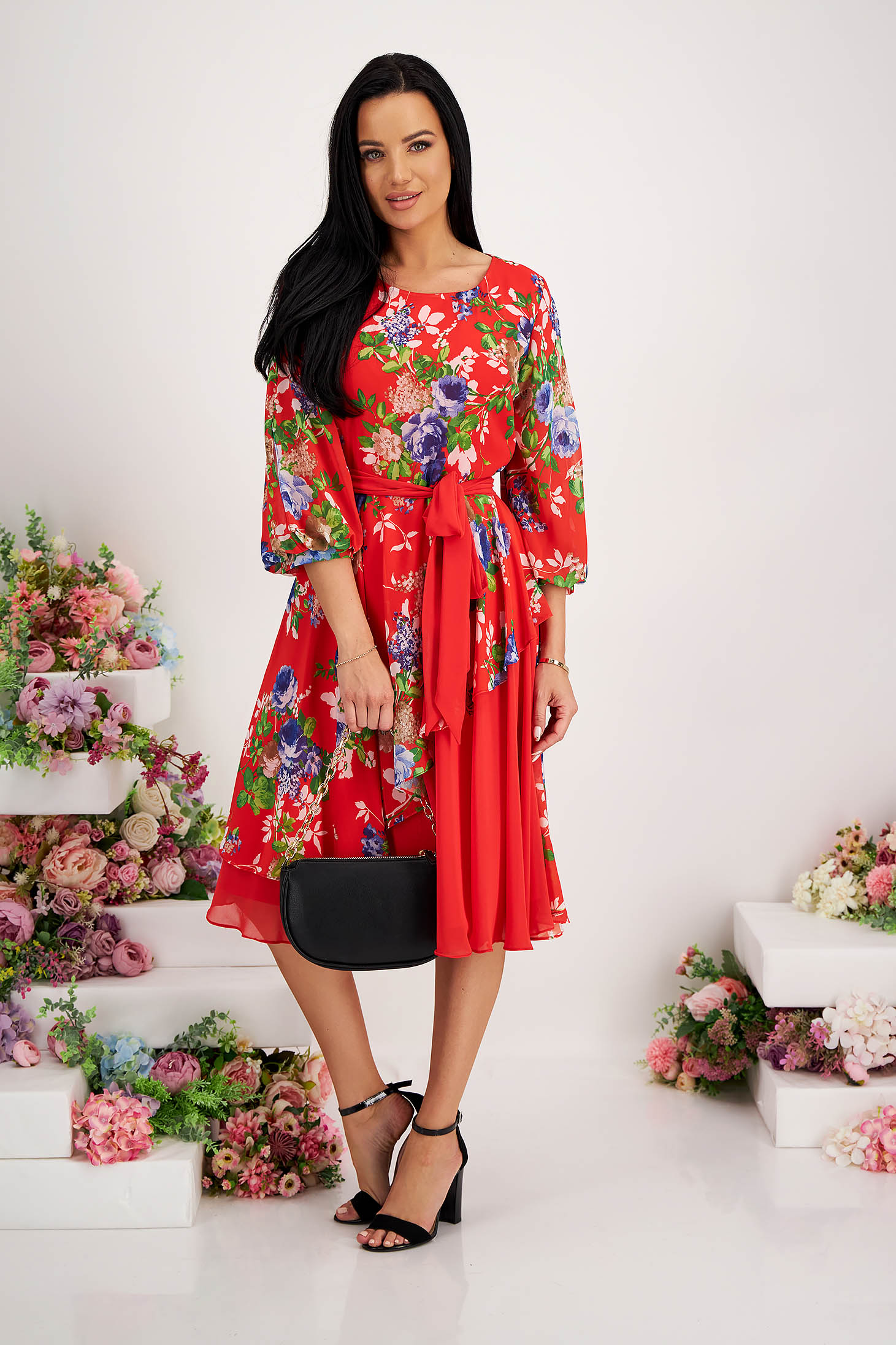 Midi chiffon dress in a-line with cut-out sleeves and floral print 5 - StarShinerS.com