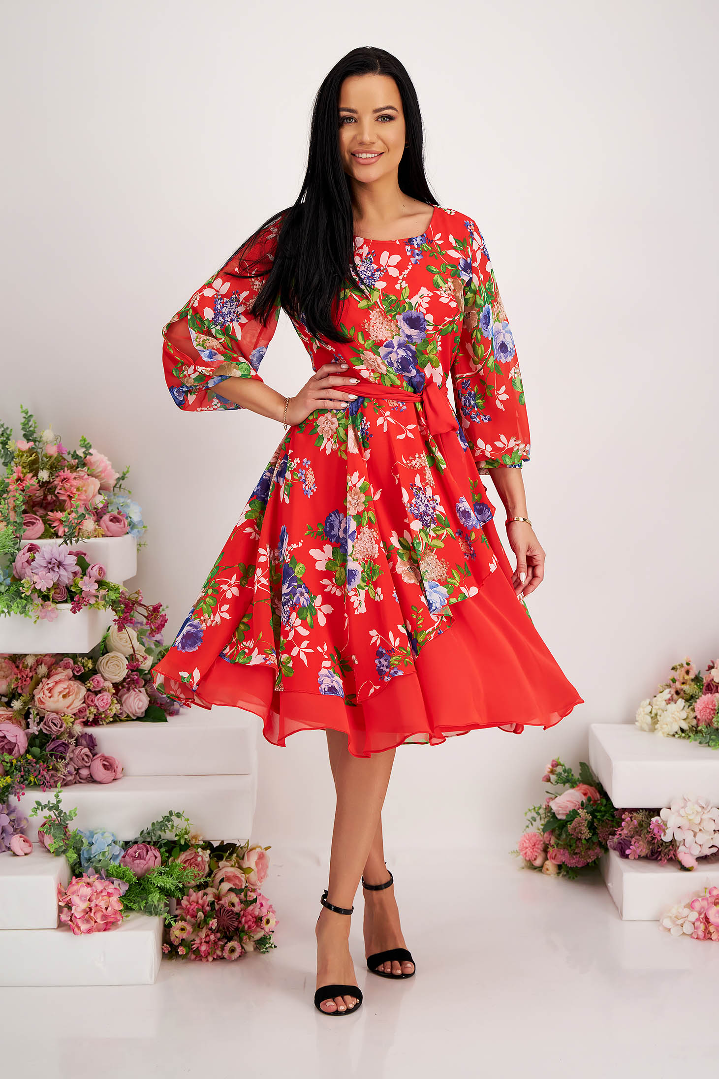 Midi chiffon dress in a-line with cut-out sleeves and floral print 3 - StarShinerS.com