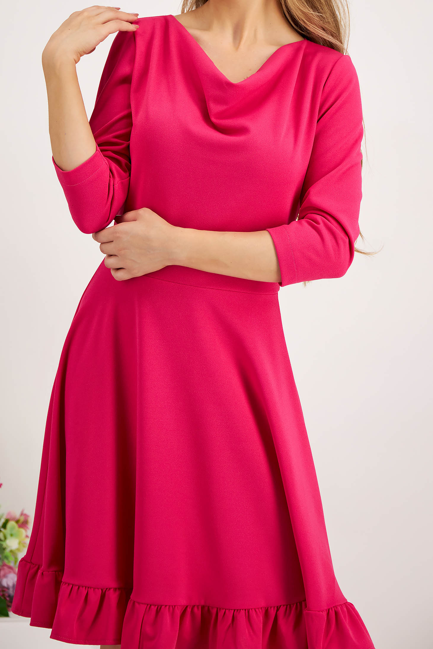 Pink crepe dress with a dropped neckline and ruffles at the base of the dress - StarShinerS 6 - StarShinerS.com