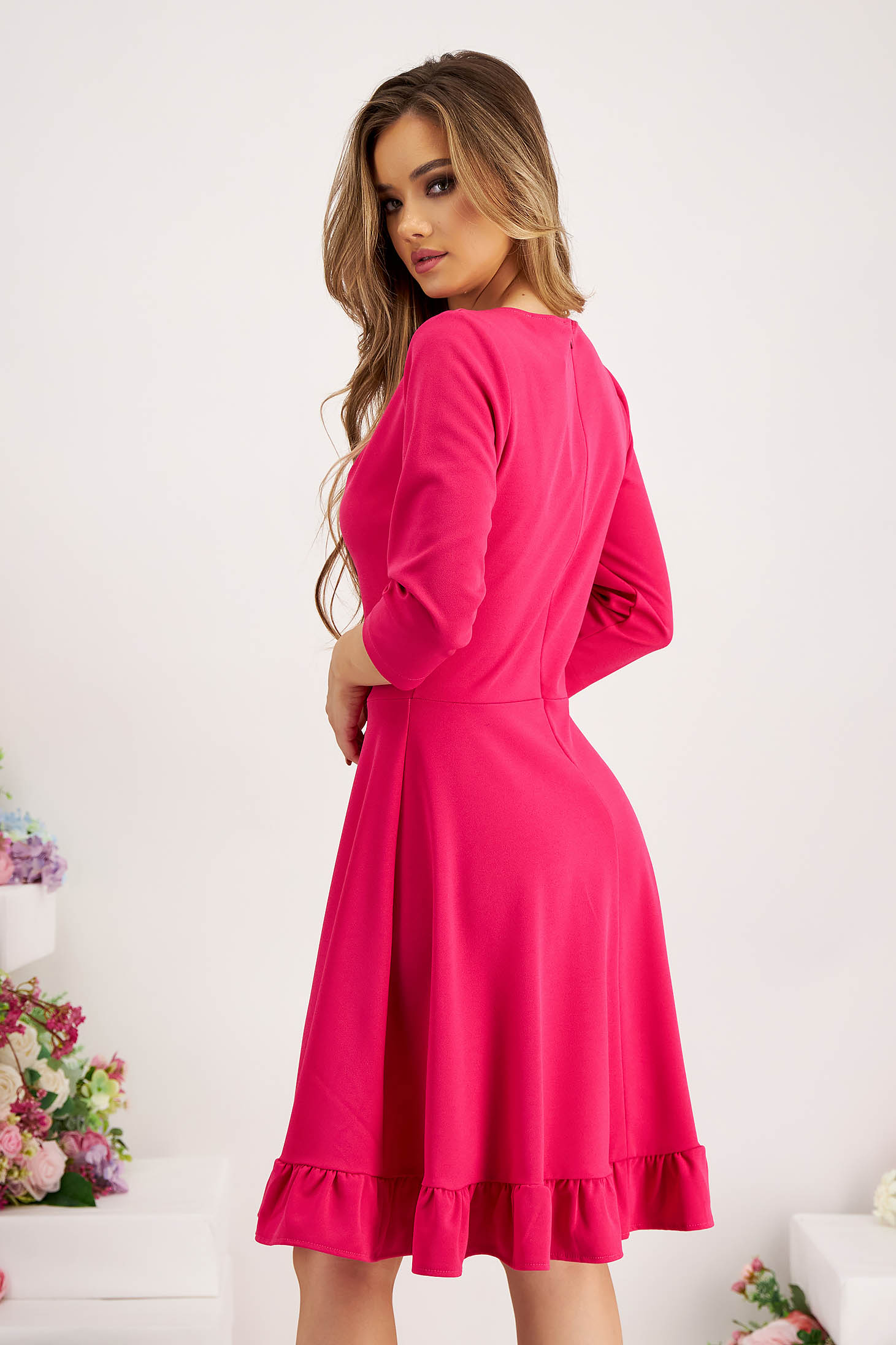 Pink crepe dress with a dropped neckline and ruffles at the base of the dress - StarShinerS 2 - StarShinerS.com