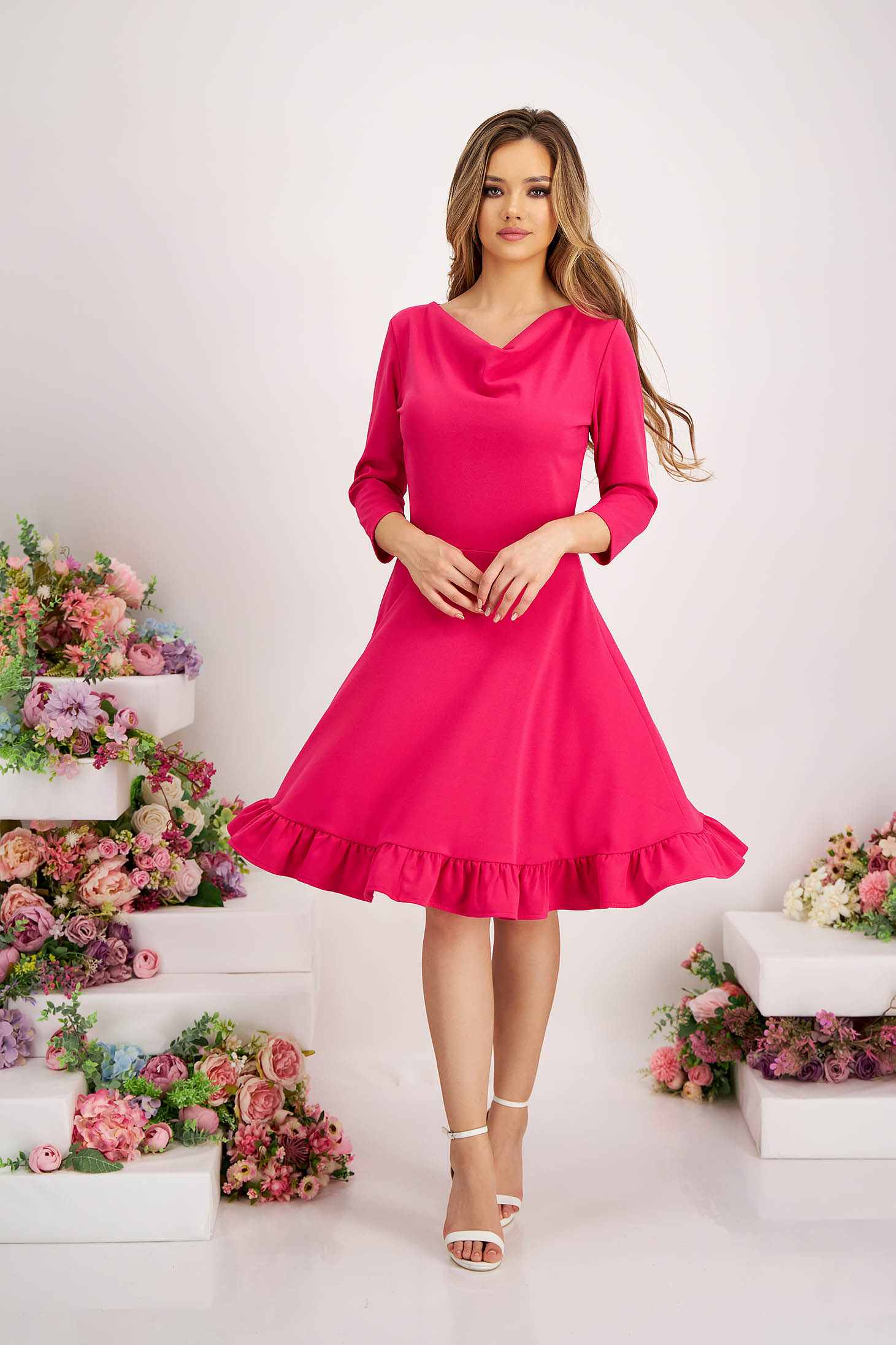 Pink crepe dress with a dropped neckline and ruffles at the base of the dress - StarShinerS 3 - StarShinerS.com