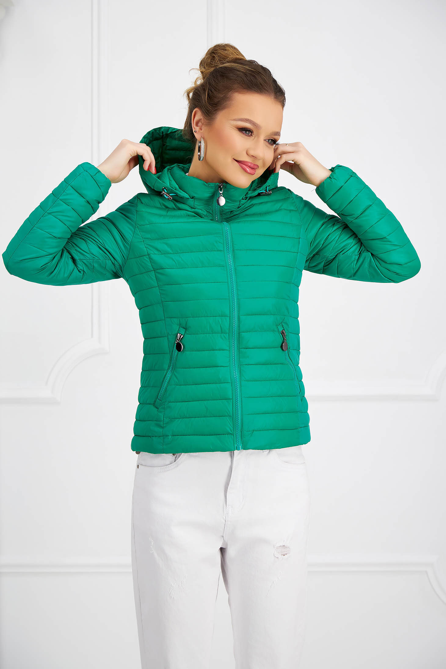 Green jacket from slicker tented detachable hood lateral pockets 2 - StarShinerS.com