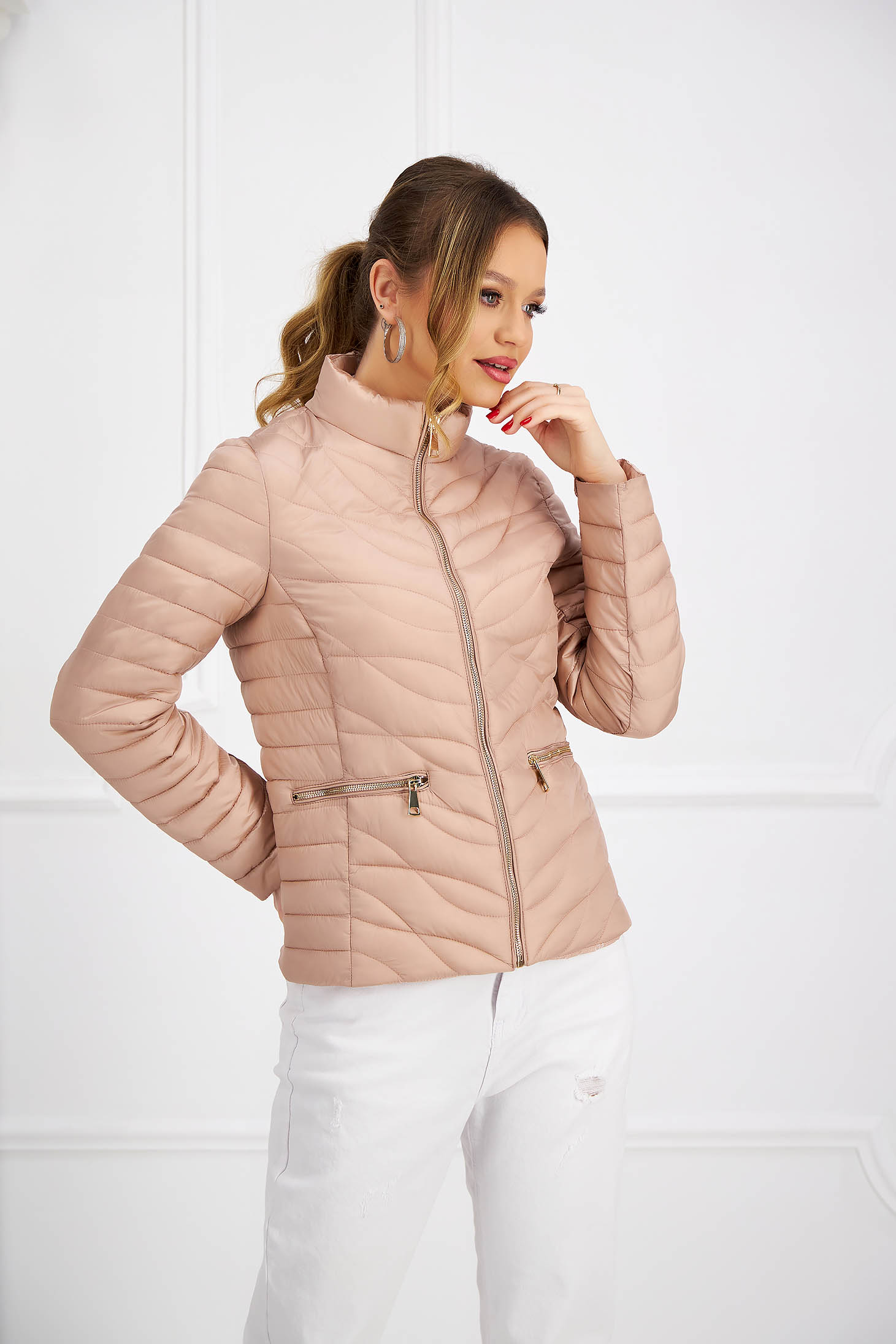 Púder rózsaszín egyenes magas nyakú vízlepergető dzseki vékony anyagból 2 - StarShinerS.hu