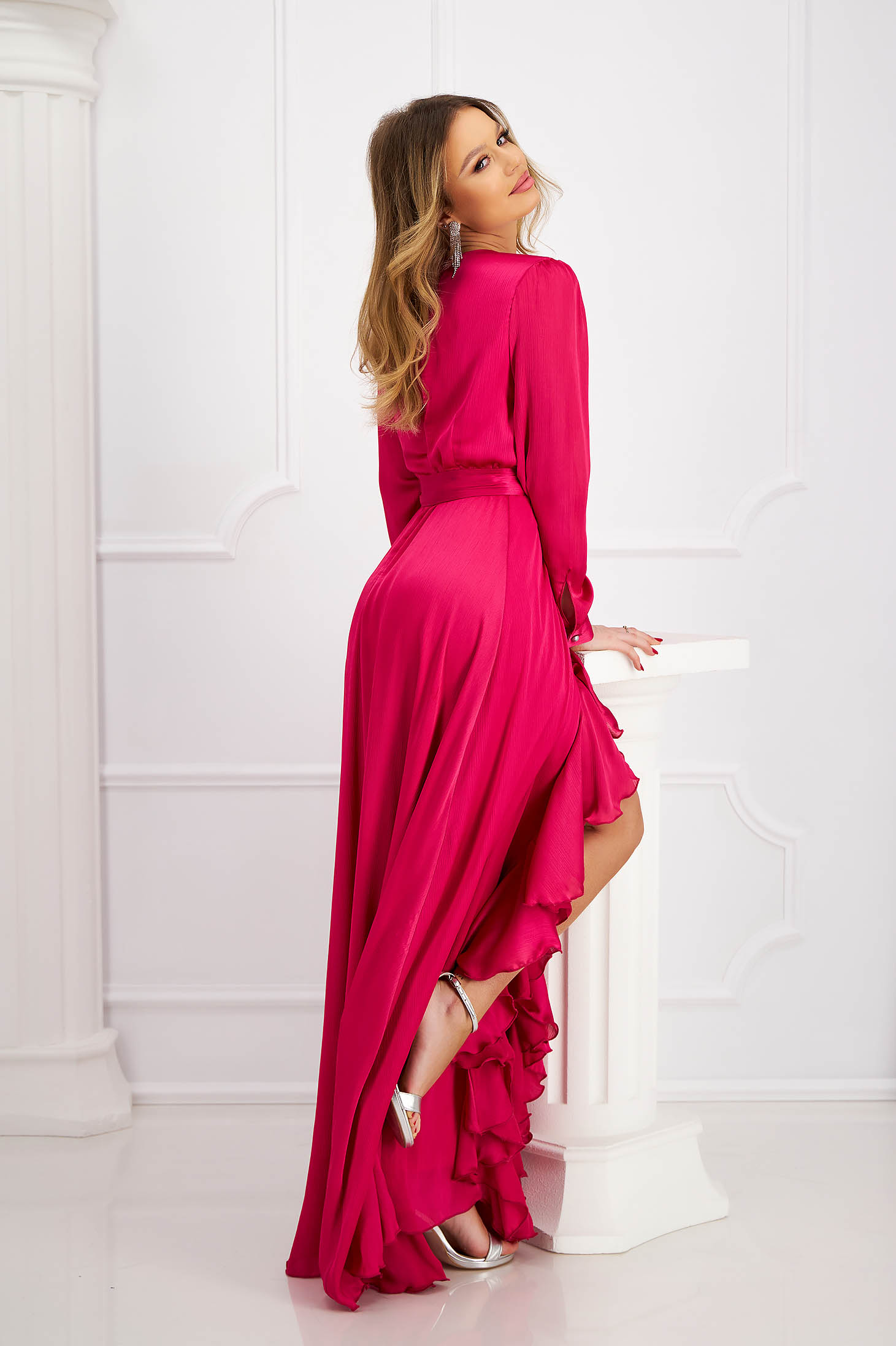 Long fuchsia satin voile dress in a-line with leg slit - Artista 4 - StarShinerS.com