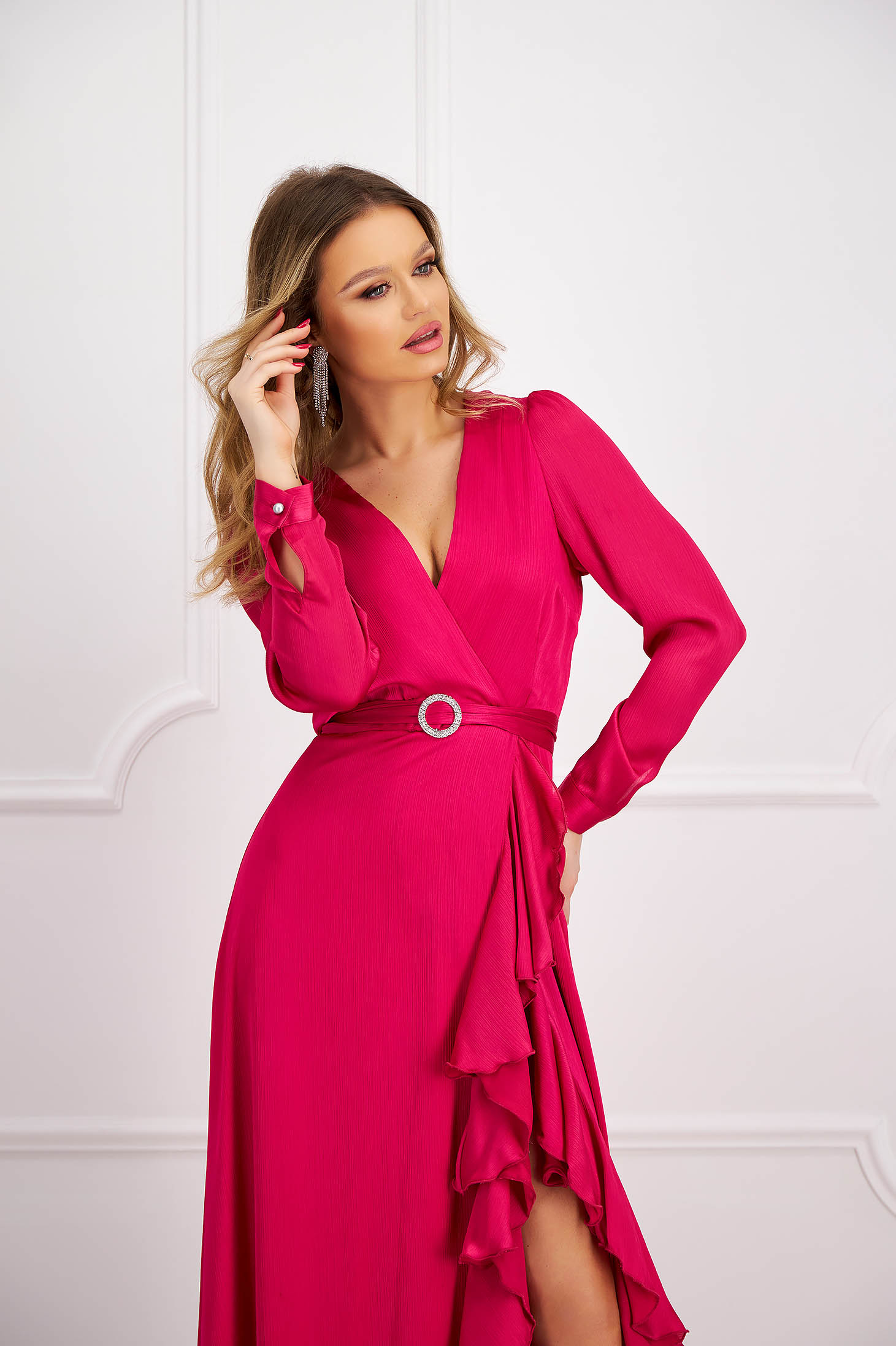 Long fuchsia satin voile dress in a-line with leg slit - Artista 2 - StarShinerS.com