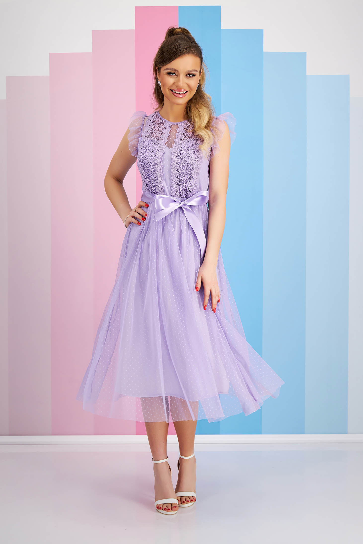 Purple dress from tulle cloche with elastic waist knitted lace 5 - StarShinerS.com