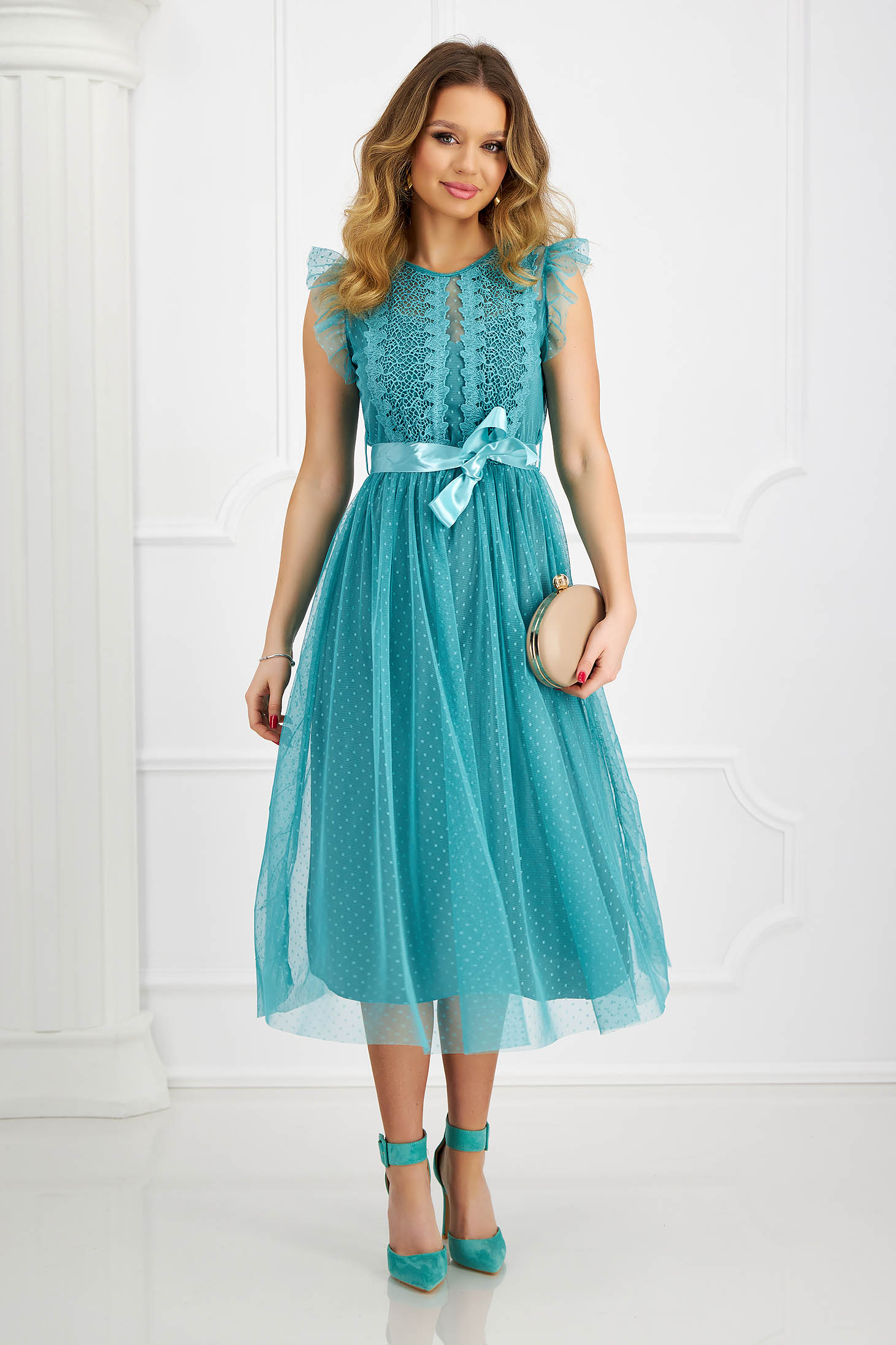 Turquoise dress from tulle cloche with elastic waist knitted lace 6 - StarShinerS.com