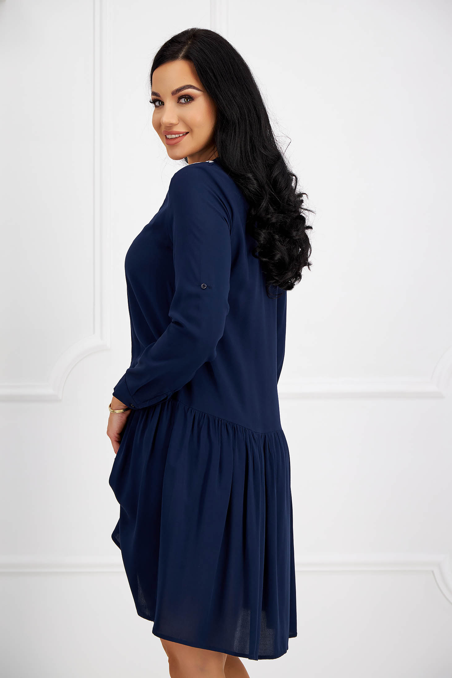 Navy Blue Cotton Dress with Loose Fit and Floral Embroidery - SunShine 3 - StarShinerS.com