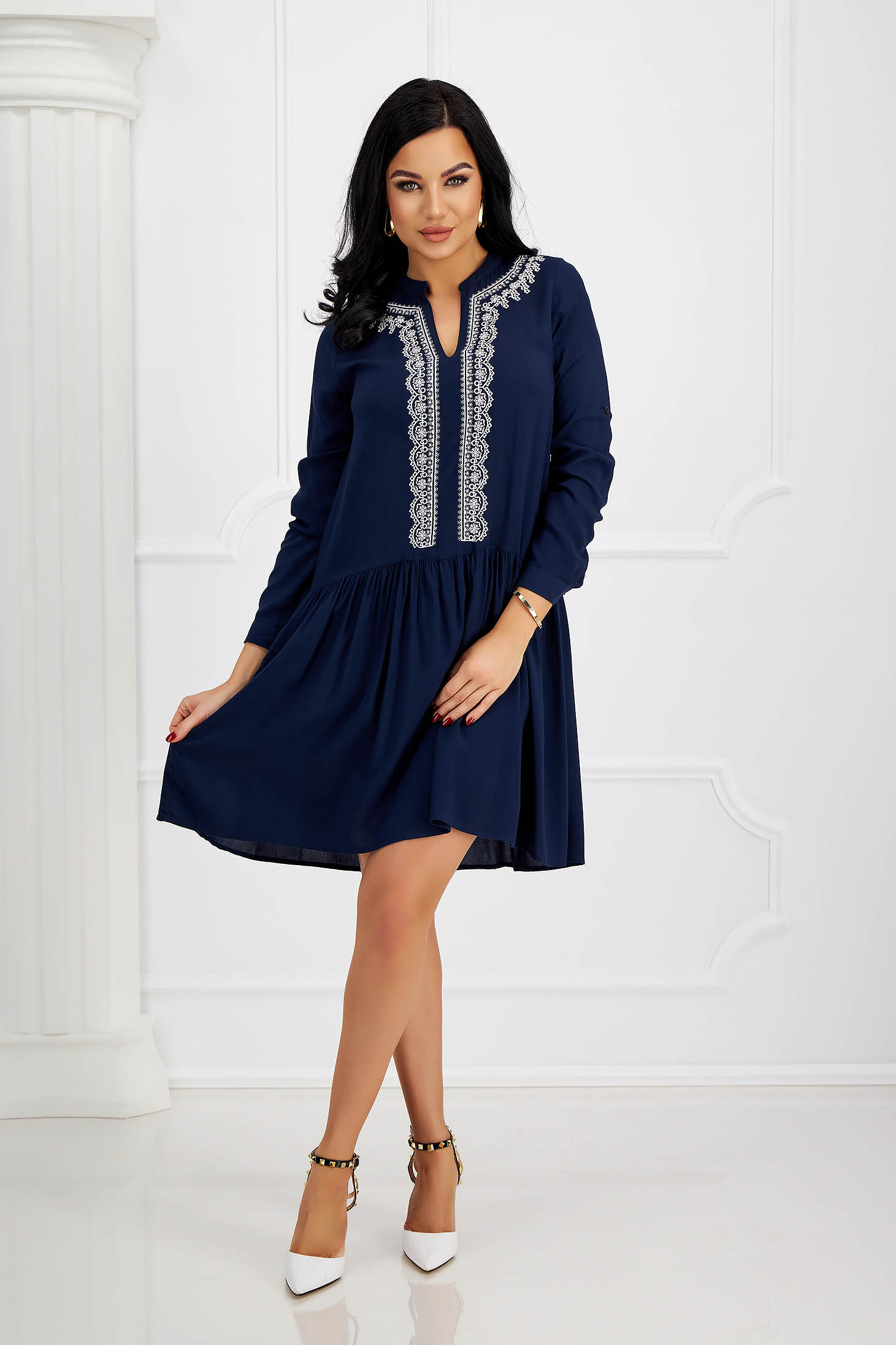 Navy Blue Cotton Dress with Loose Fit and Floral Embroidery - SunShine 4 - StarShinerS.com