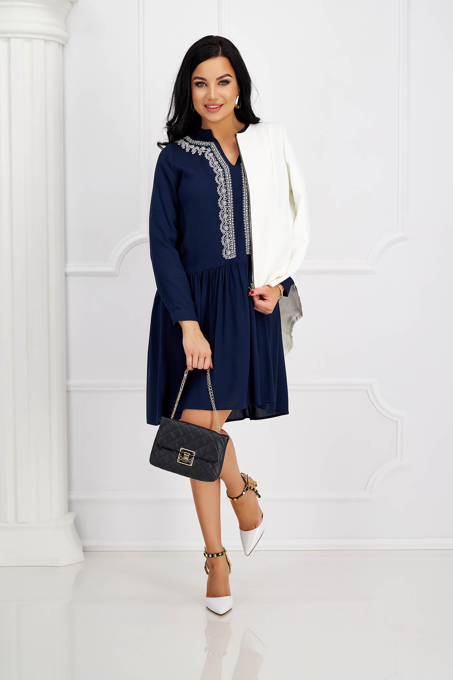 Navy Blue Cotton Dress with Loose Fit and Floral Embroidery - SunShine 5 - StarShinerS.com