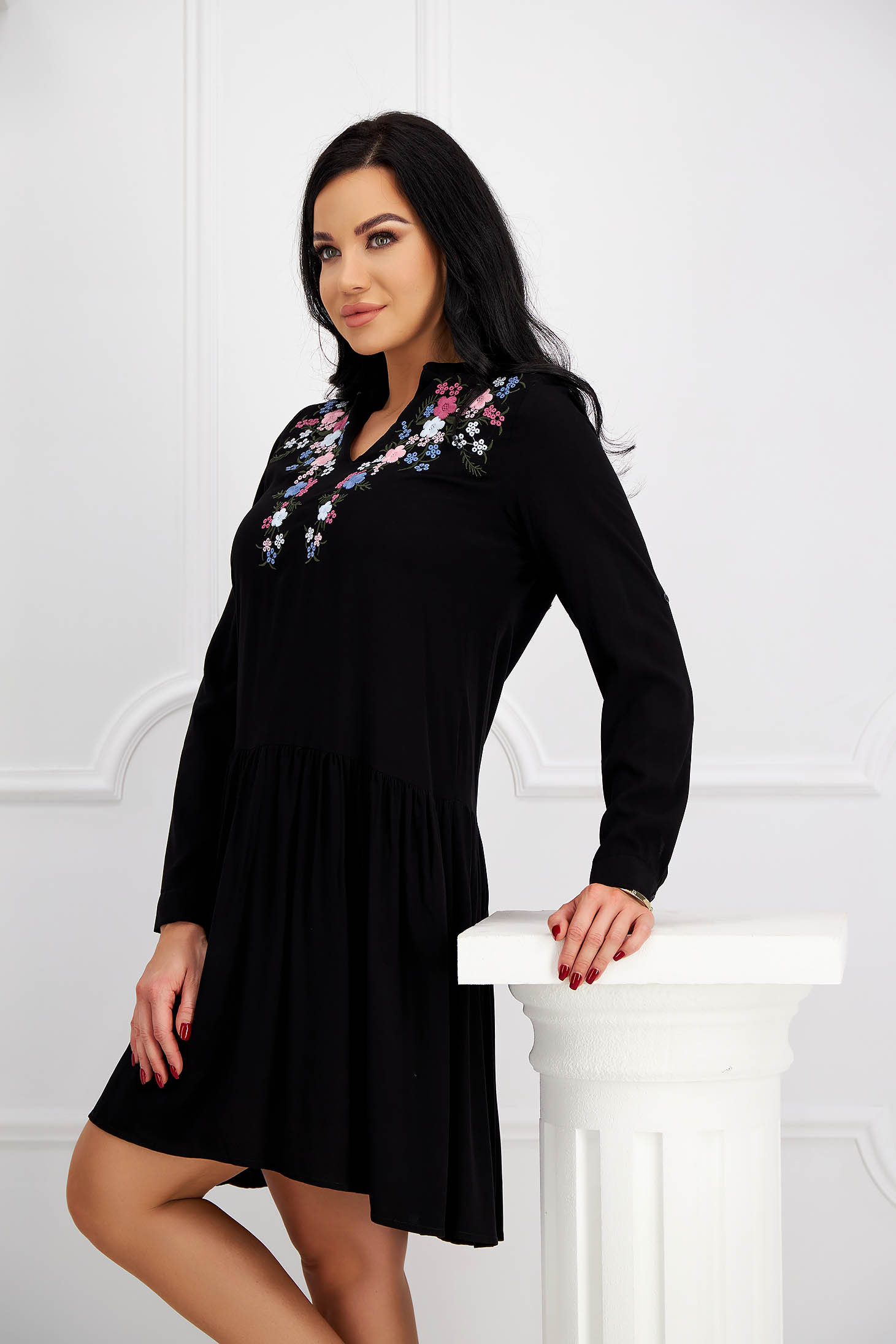 Black cotton dress with wide cut and floral embroidery - SunShine 2 - StarShinerS.com