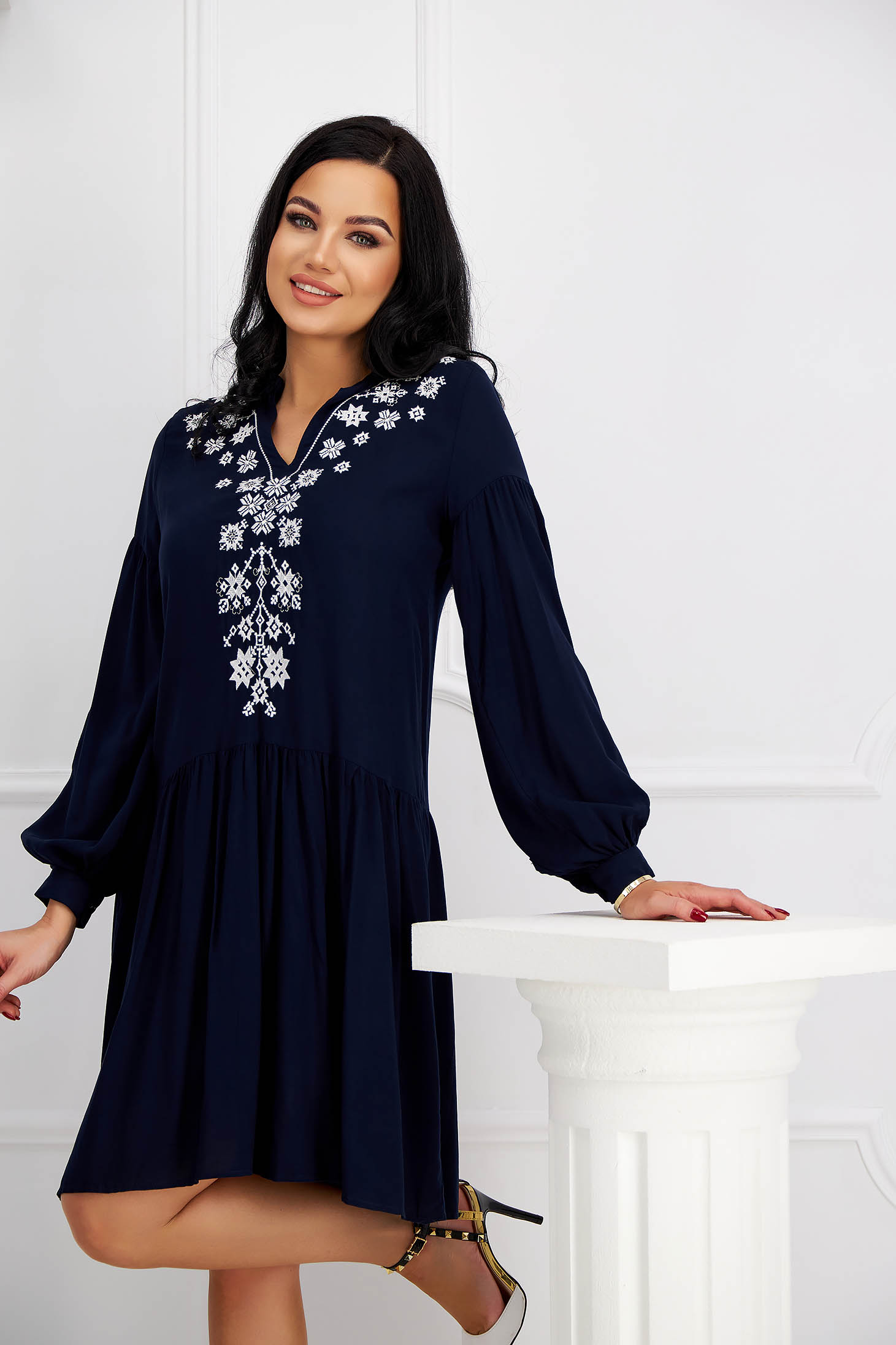 Navy blue cotton dress with wide cut and floral embroidery - SunShine 2 - StarShinerS.com
