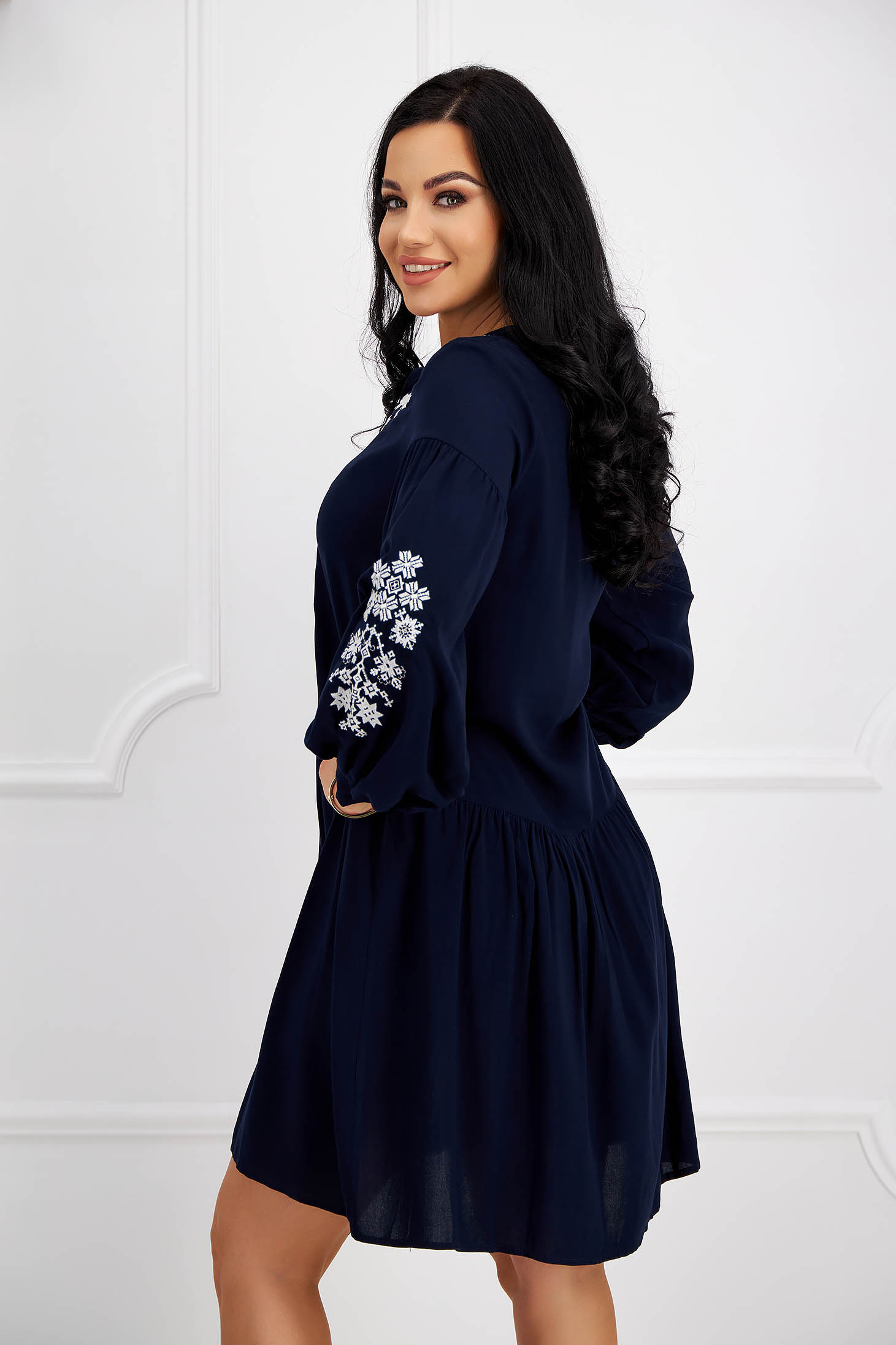 Navy blue cotton dress with wide cut and floral embroidery - SunShine 3 - StarShinerS.com