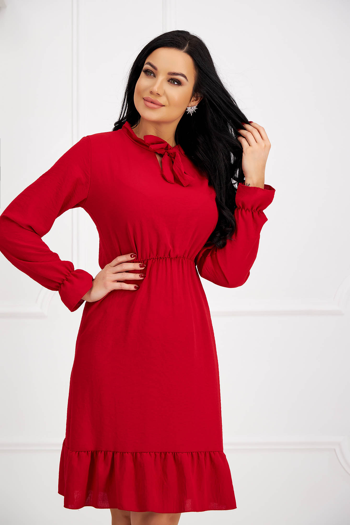 Red Georgette Dress in A-Line with Elastic Waist and Scarf-Type Collar - Lady Pandora 3 - StarShinerS.com