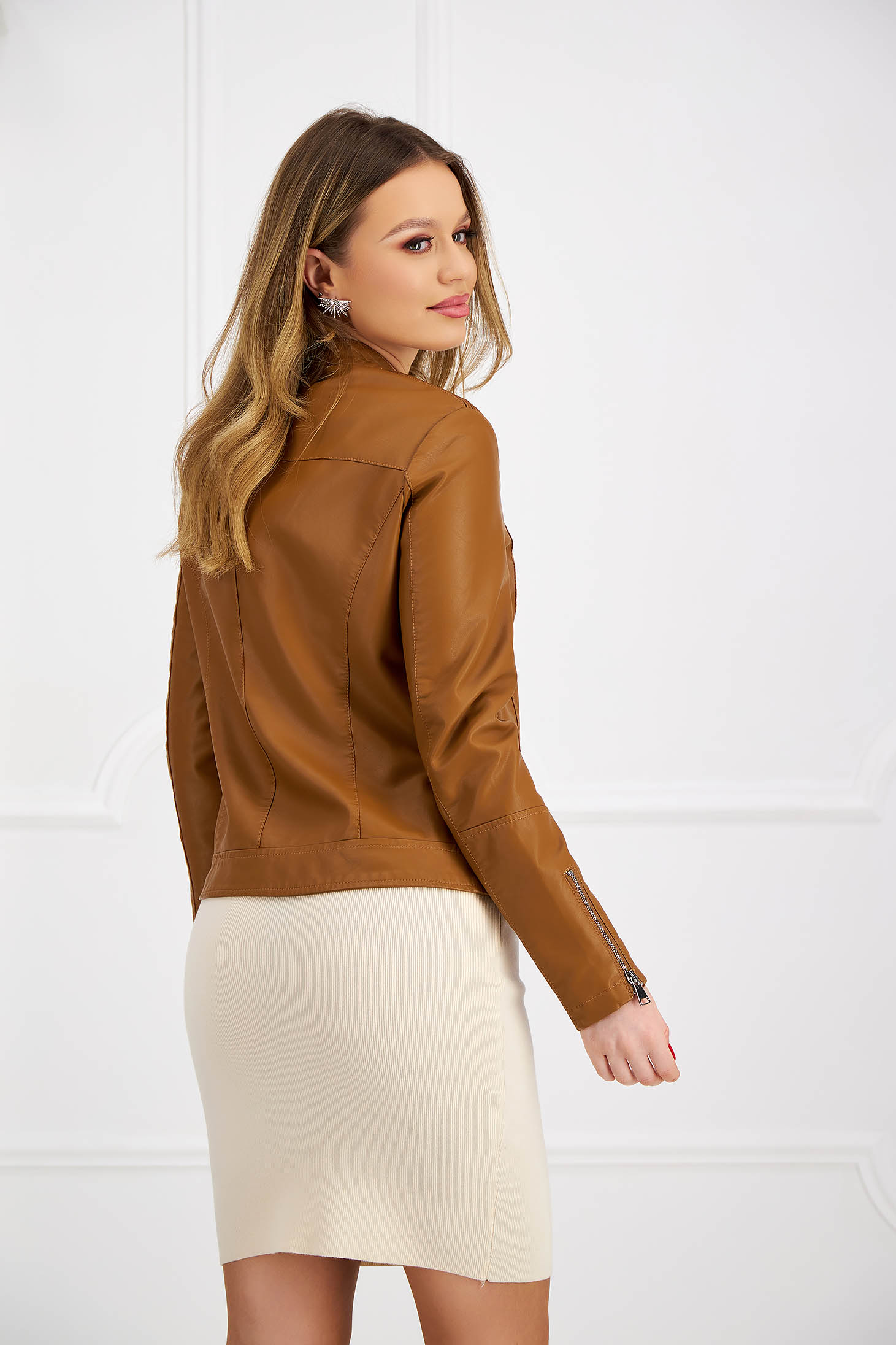Brown jacket from ecological leather straight lateral pockets 2 - StarShinerS.com