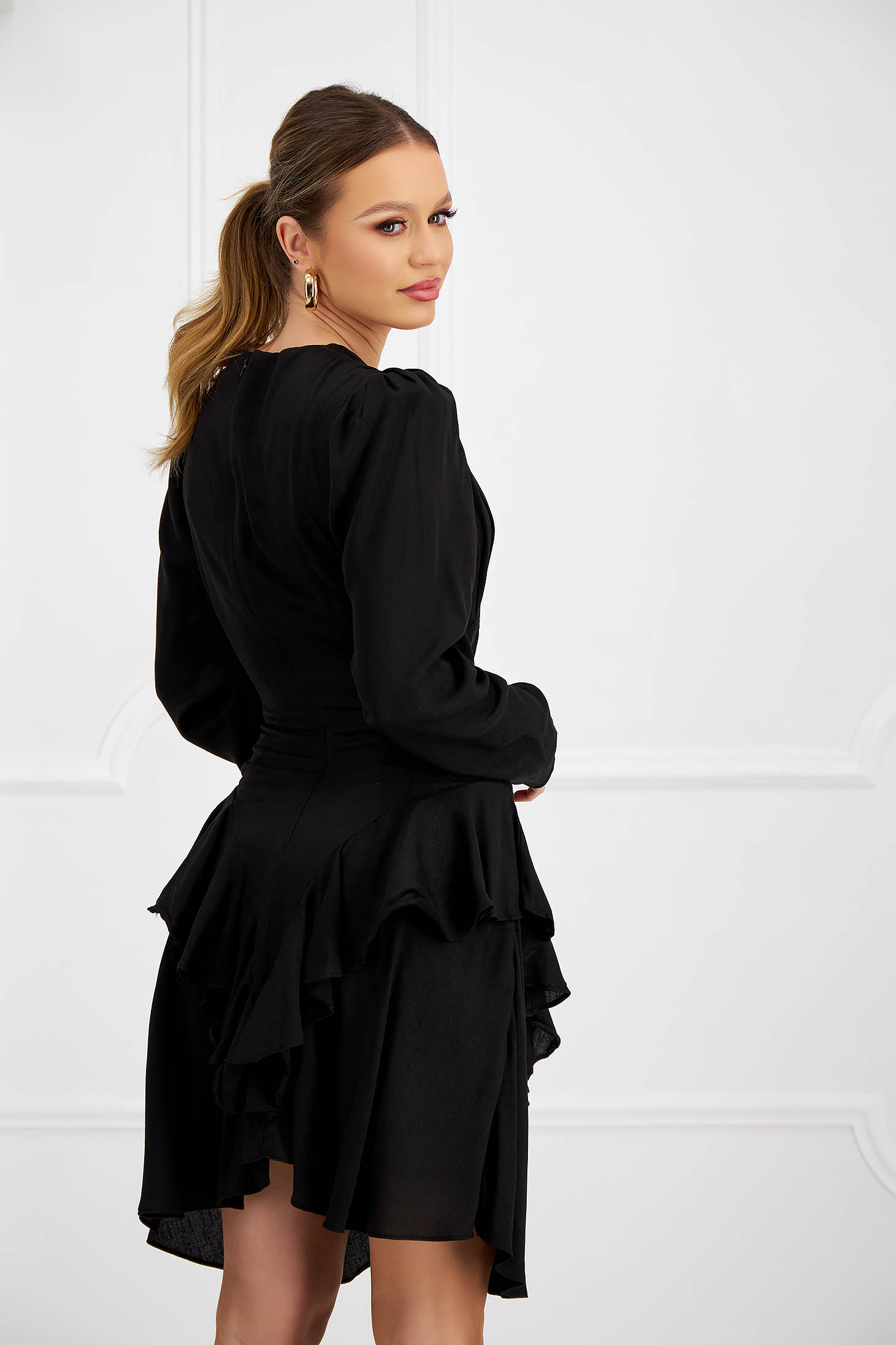 Black cotton dress with v-neck and puff shoulders - SunShine 3 - StarShinerS.com