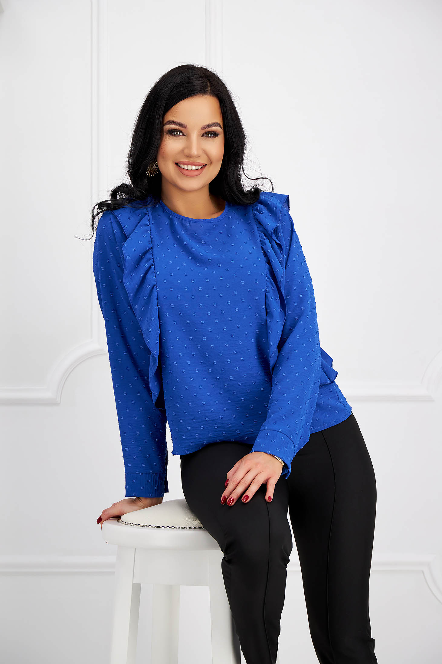 Ladies' Georgette Blouse with Plumeti Applications in Blue with Wide Cut and Ruffles - SunShine 5 - StarShinerS.com