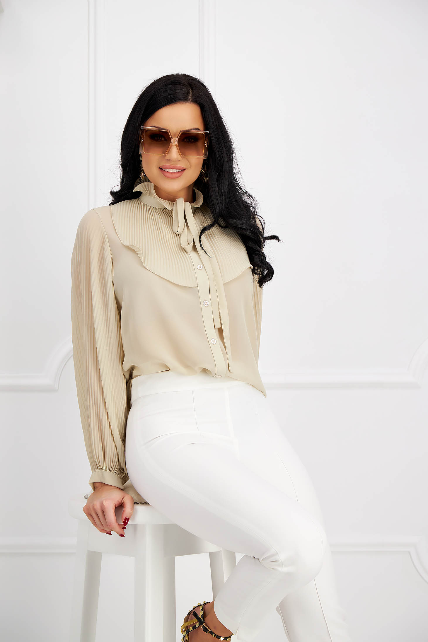 Beige women`s blouse from veil fabric loose fit with puffed sleeves 5 - StarShinerS.com