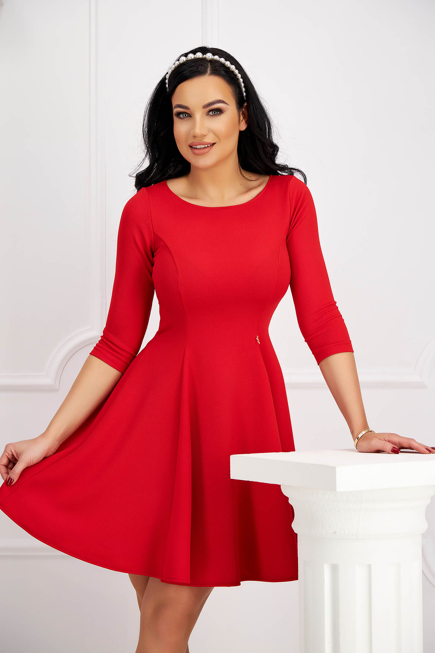 Red Crepe Short A-Line Dress with Round Neckline - StarShinerS 6 - StarShinerS.com
