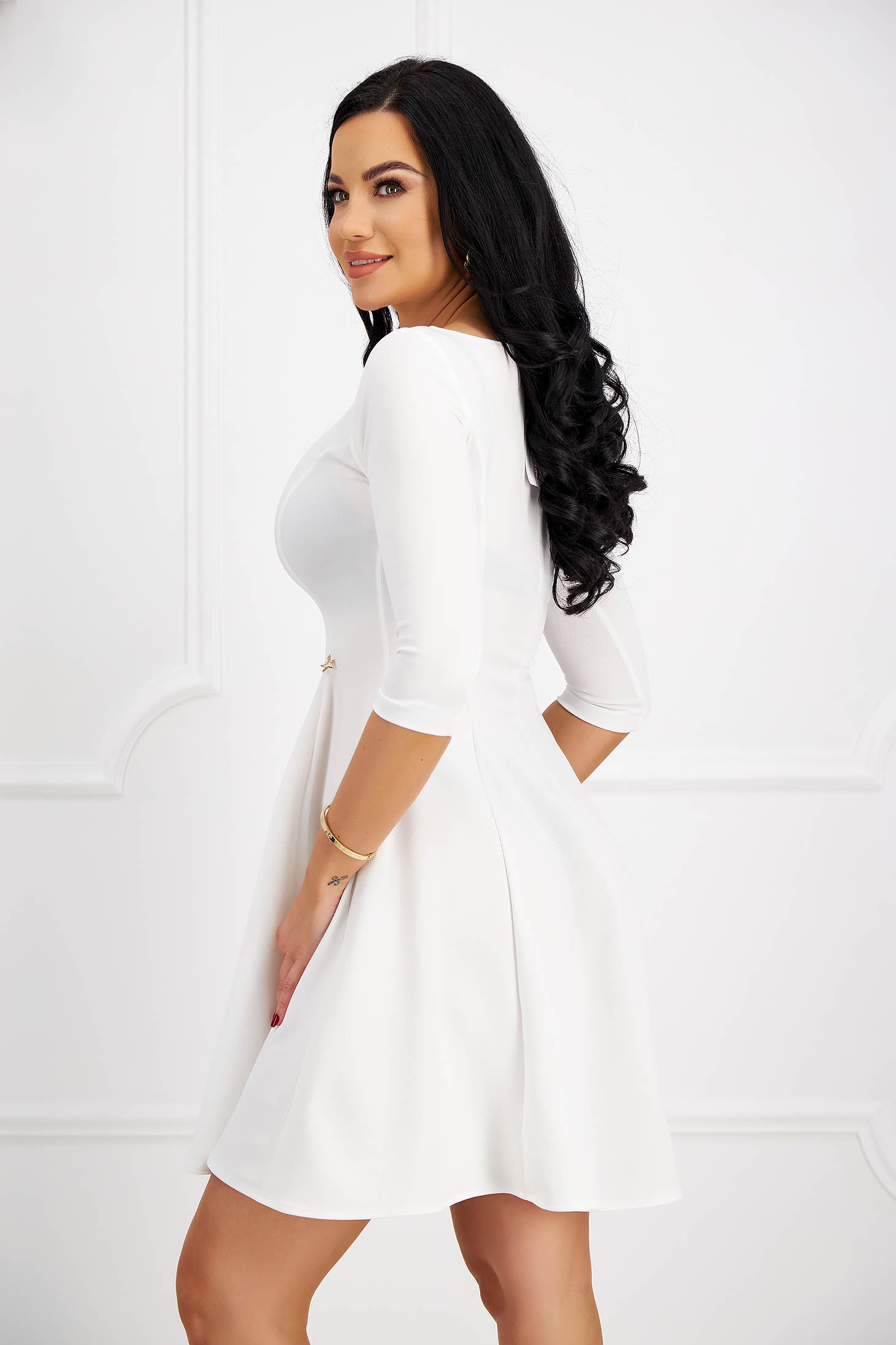 Ivory Crepe Short A-line Dress with Rounded Neckline - StarShinerS 2 - StarShinerS.com