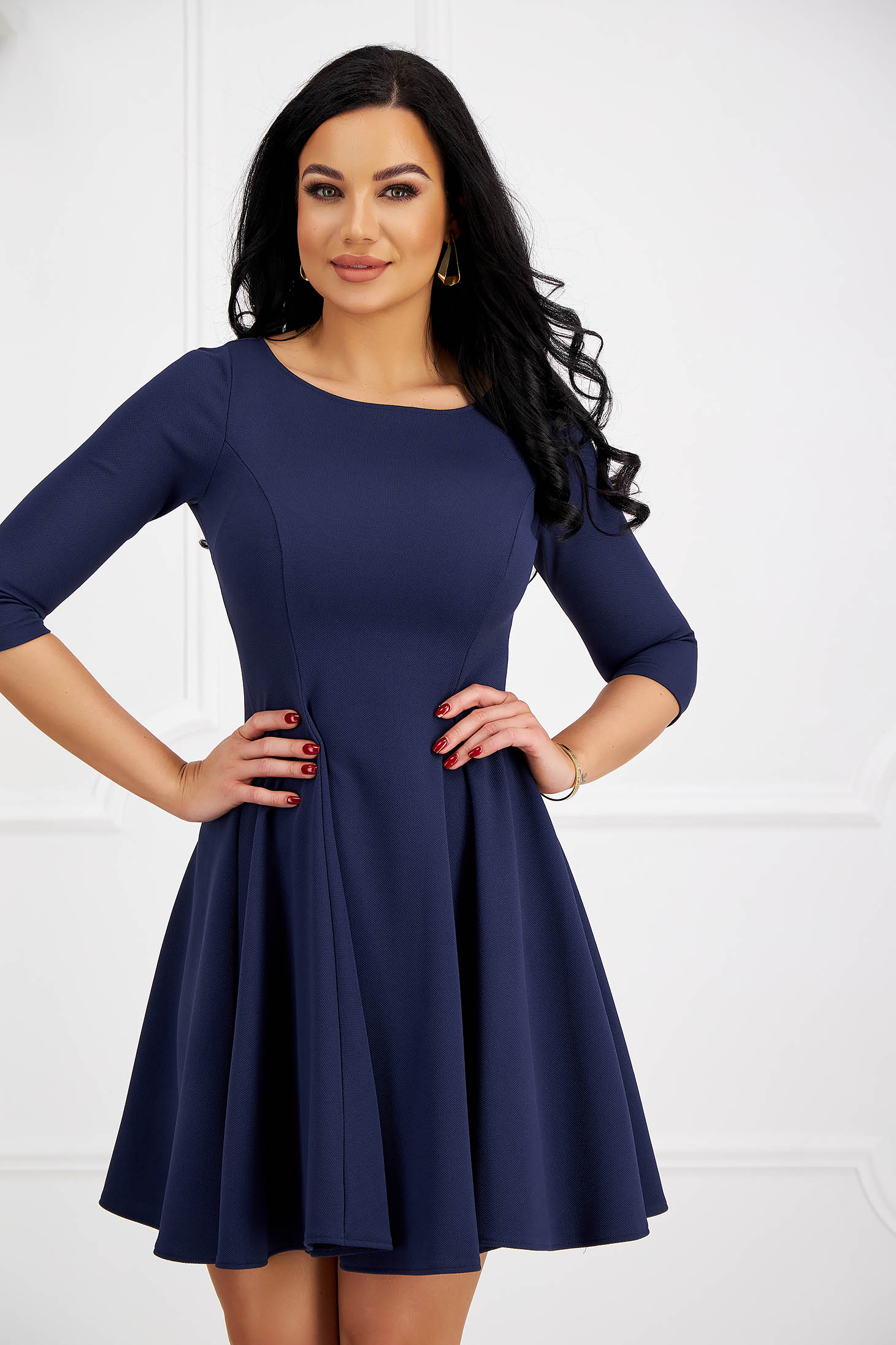 Navy Blue Crepe Short A-line Dress with Round Neckline - StarShinerS 3 - StarShinerS.com