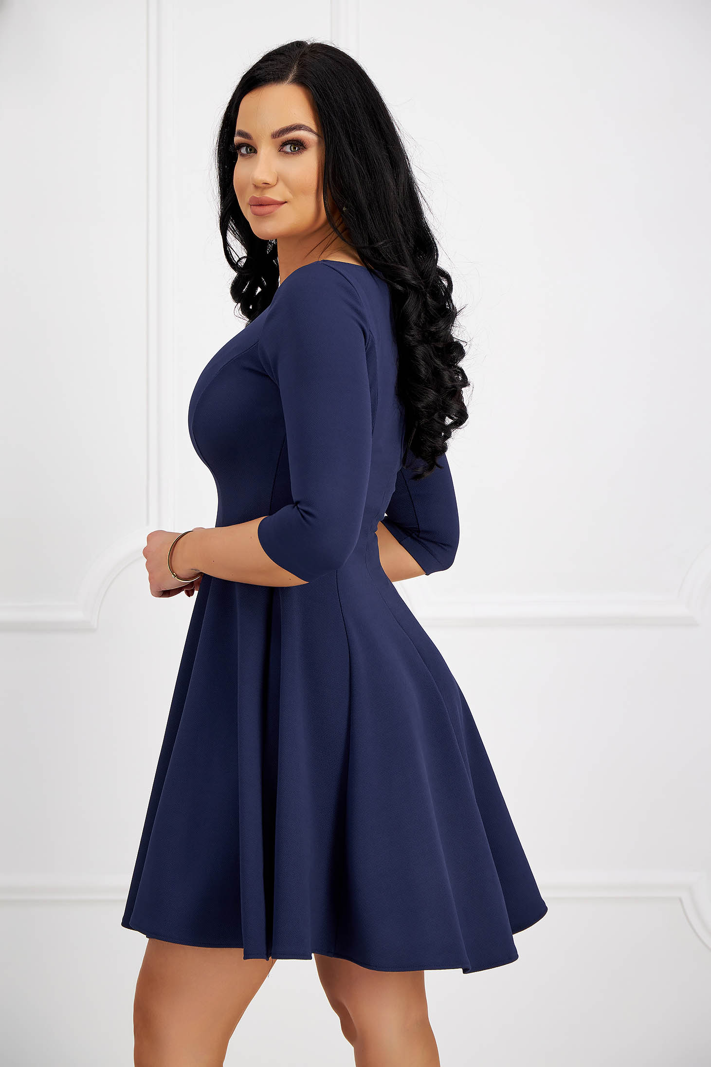 Navy Blue Crepe Short A-line Dress with Round Neckline - StarShinerS 4 - StarShinerS.com