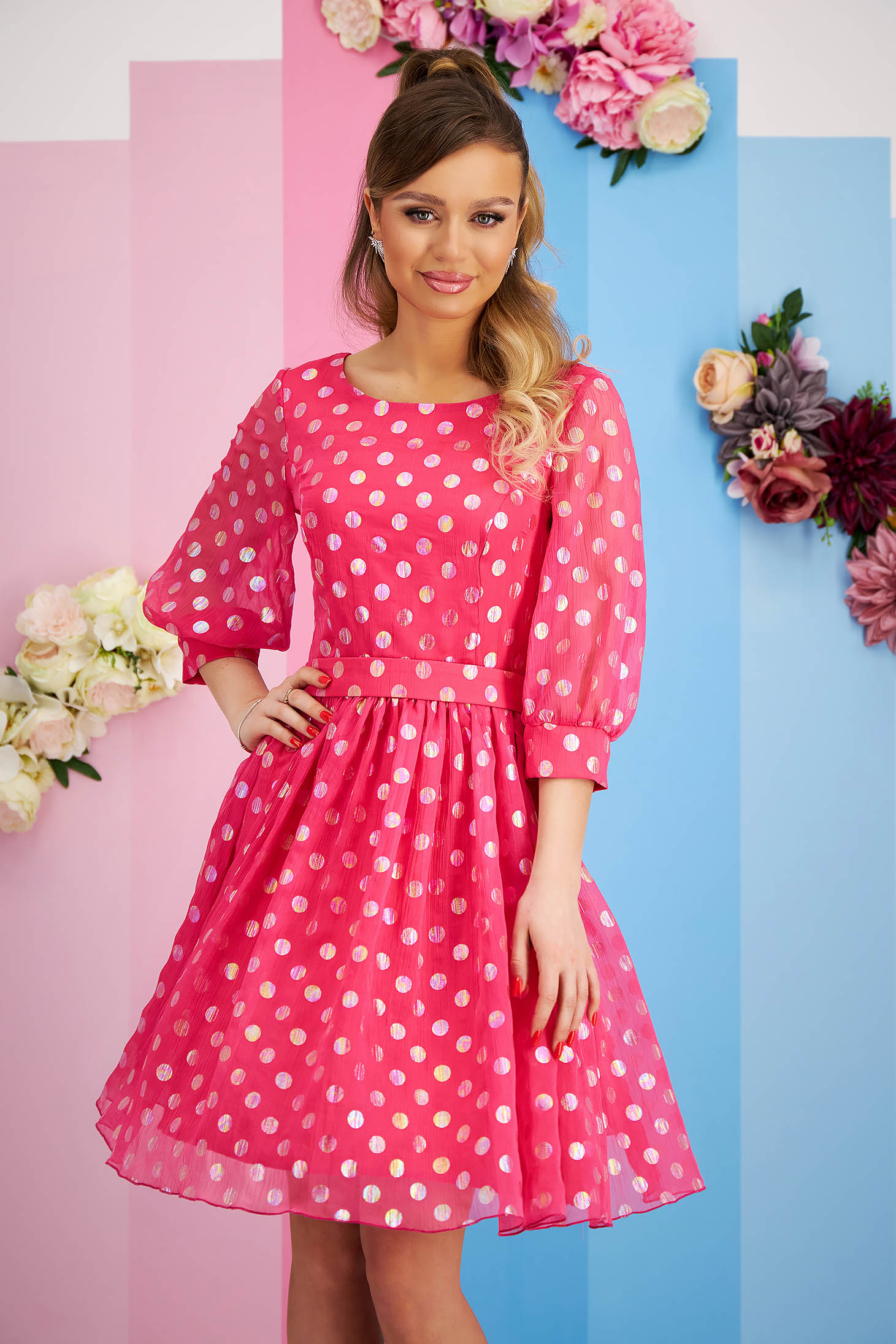 Fuchsia Veil Dress in A-line with Polka Dots Accessorized with Belt and Bow - StarShinerS 2 - StarShinerS.com