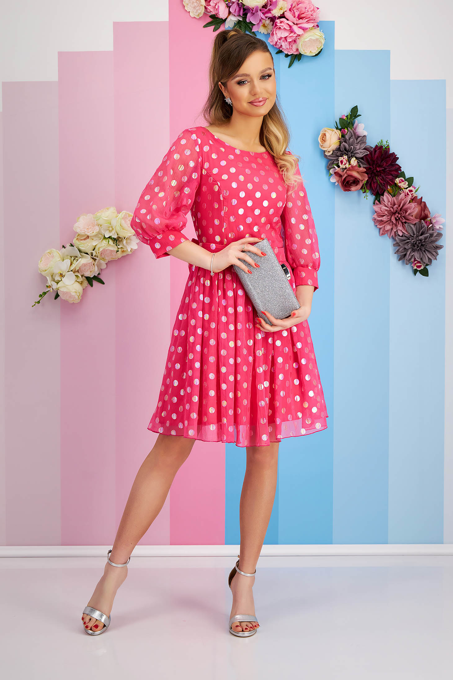 Fuchsia Veil Dress in A-line with Polka Dots Accessorized with Belt and Bow - StarShinerS 4 - StarShinerS.com