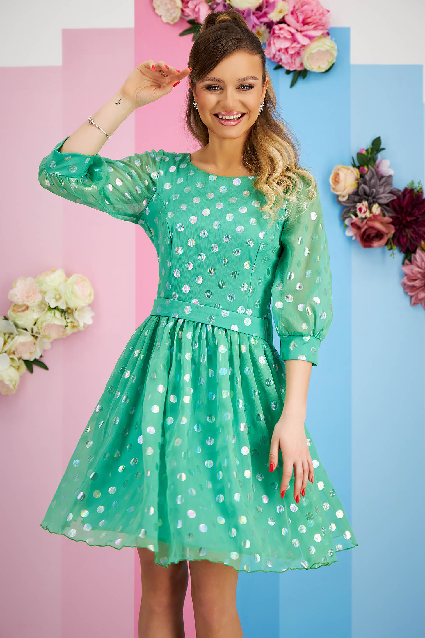 Green veil dress in flared style with polka dots, accessorized with belt and bow - StarShinerS 2 - StarShinerS.com