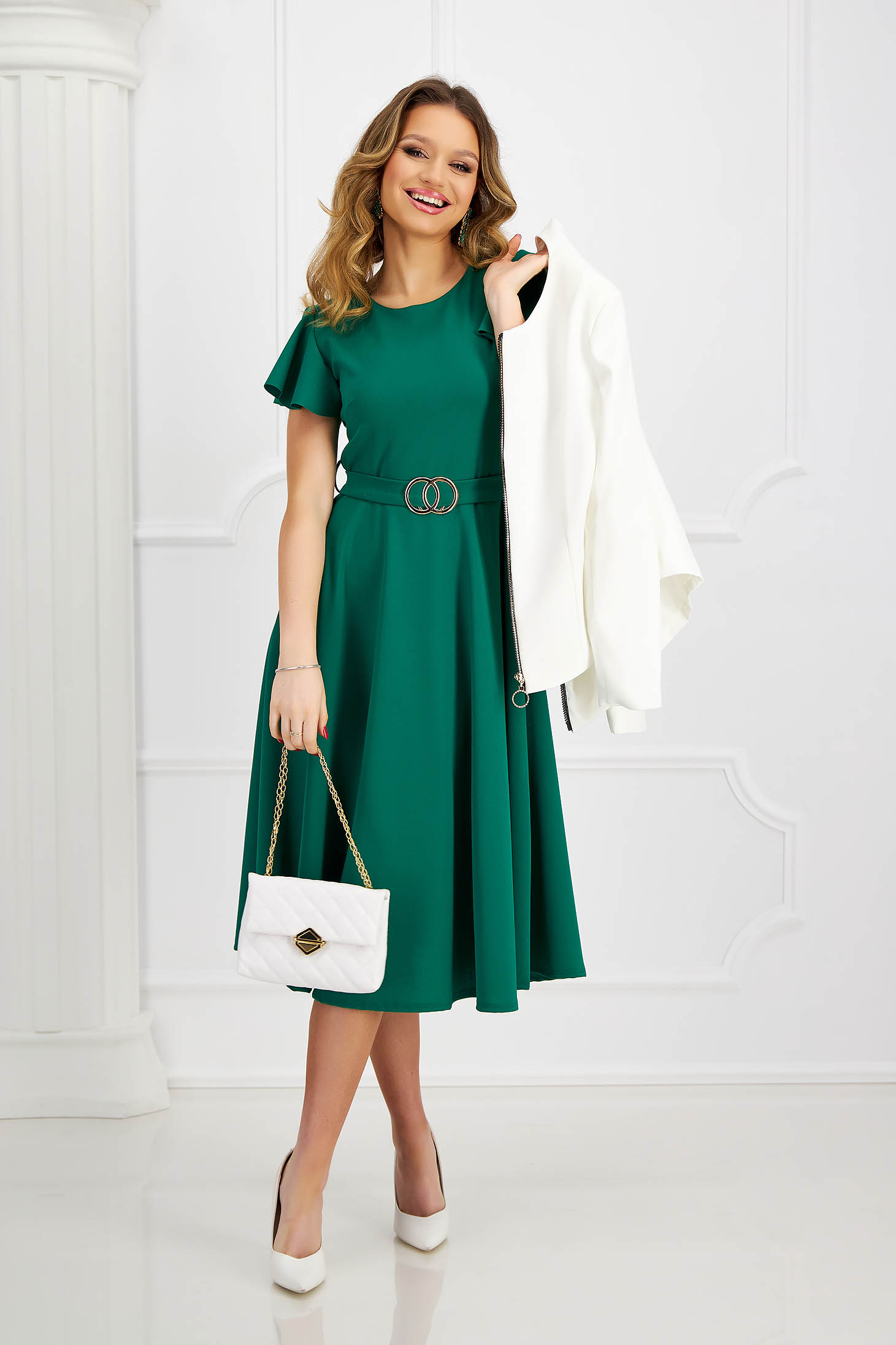 Midi green crepe dress with bell sleeves and detachable belt - SunShine 5 - StarShinerS.com