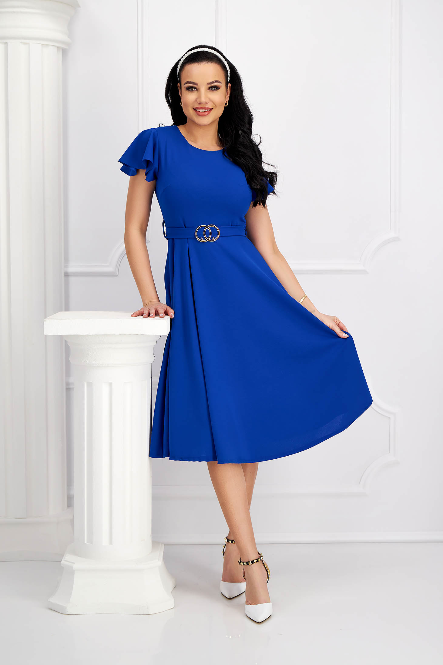 Blue crepe midi flared dress with bell sleeves and detachable belt - SunShine 2 - StarShinerS.com