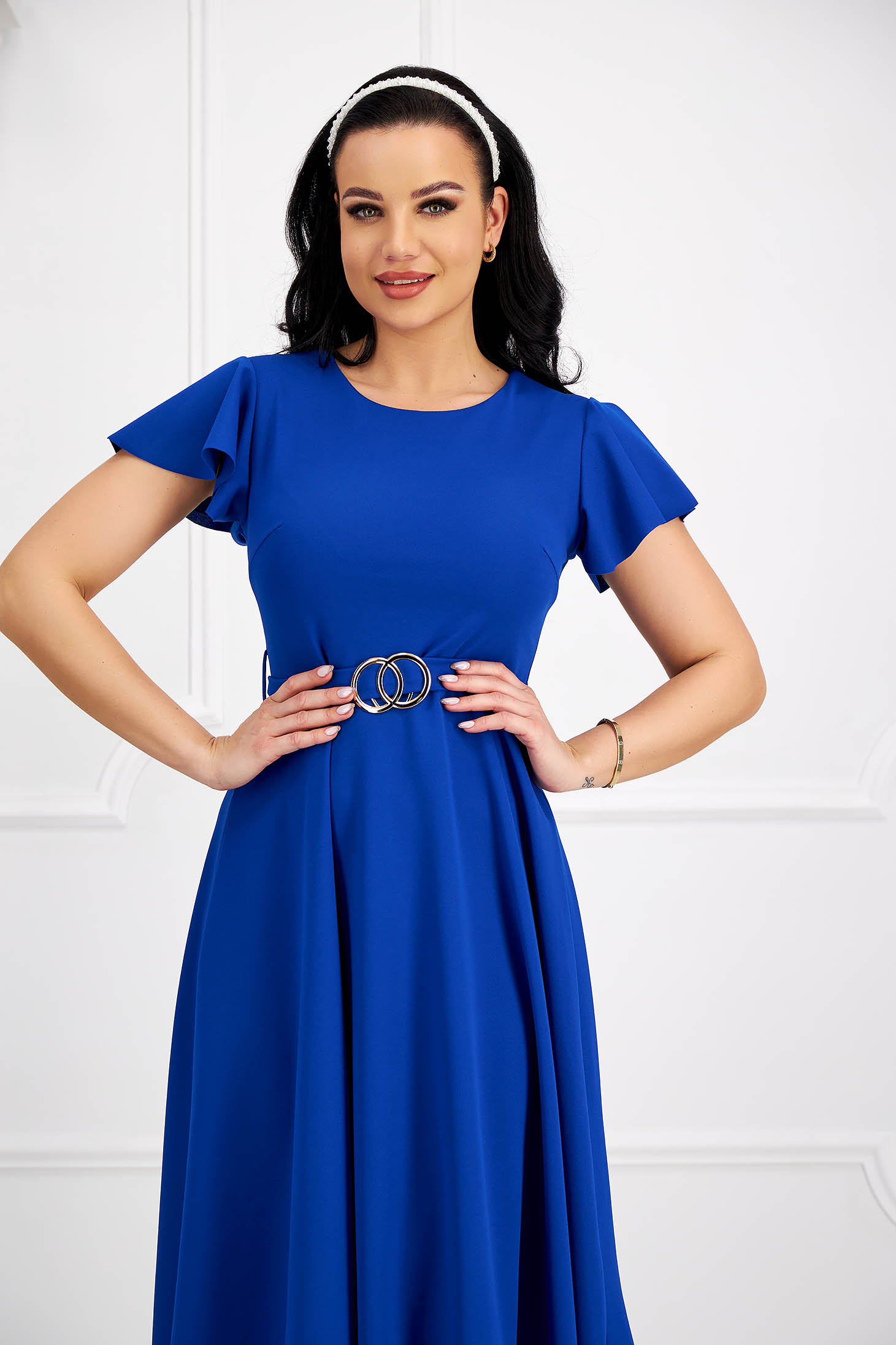 Blue crepe midi flared dress with bell sleeves and detachable belt - SunShine 3 - StarShinerS.com