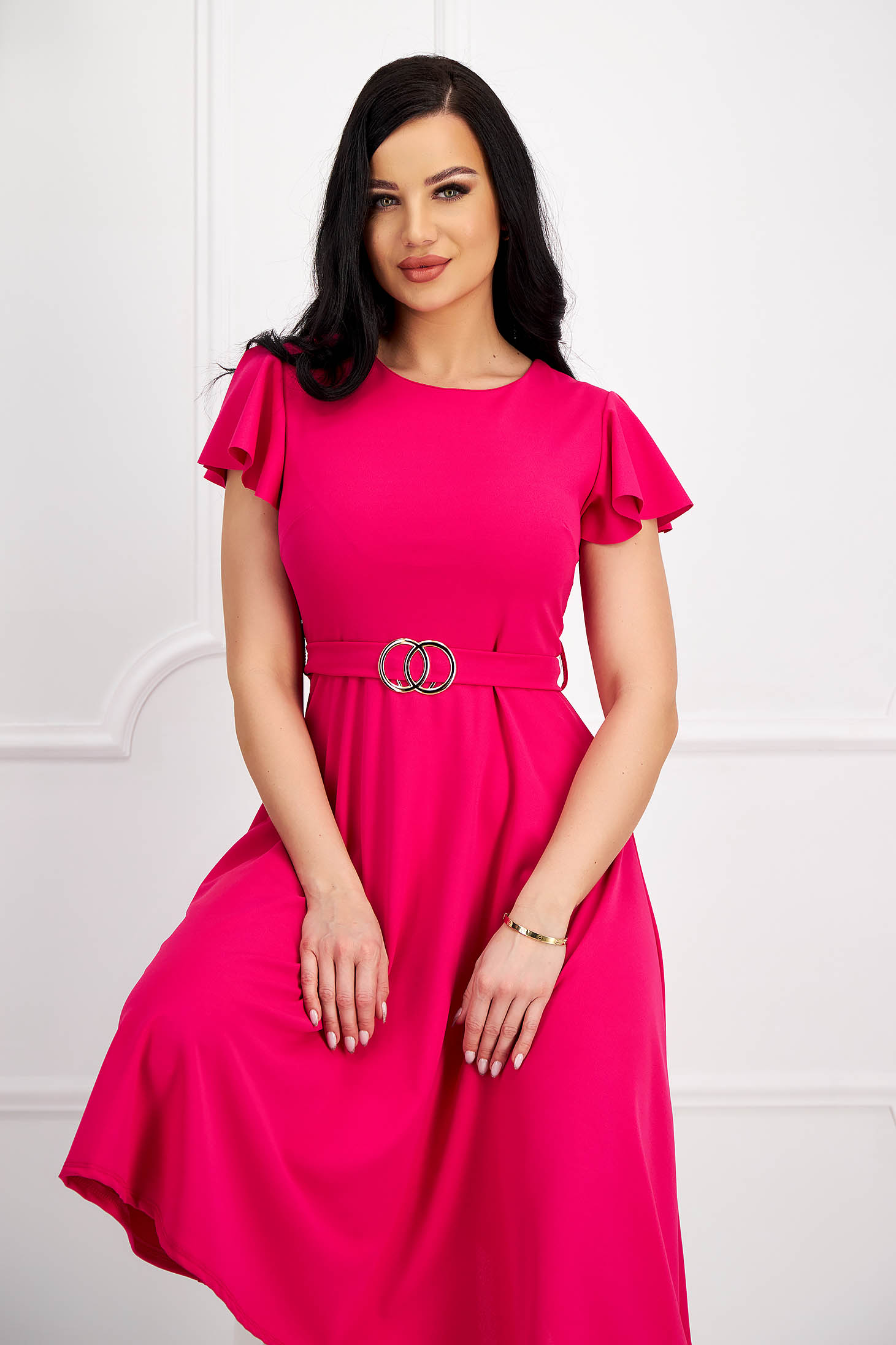 Pink crepe midi dress in flared style with bell sleeves and detachable belt - SunShine 4 - StarShinerS.com