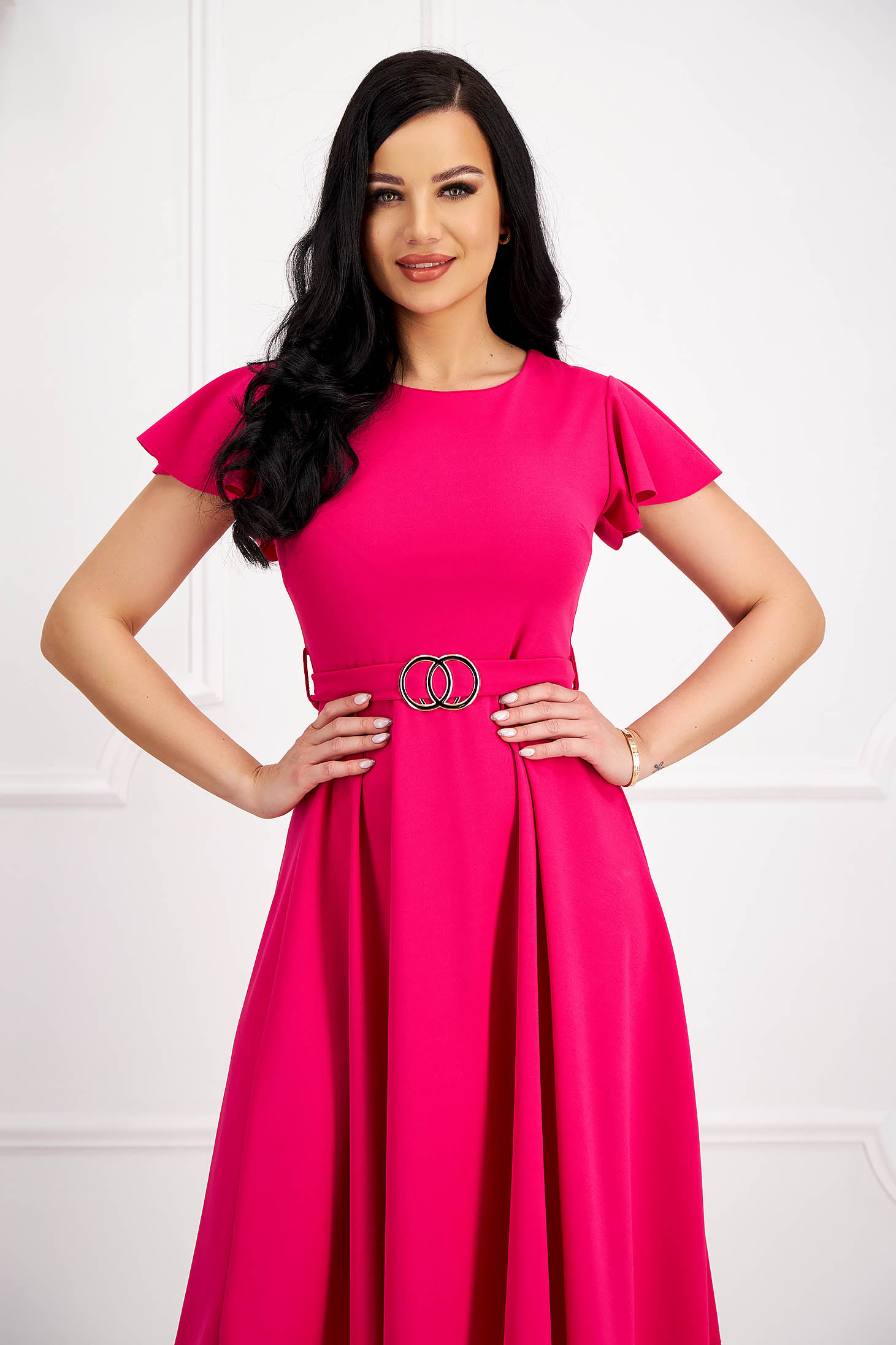 Pink crepe midi dress in flared style with bell sleeves and detachable belt - SunShine 2 - StarShinerS.com