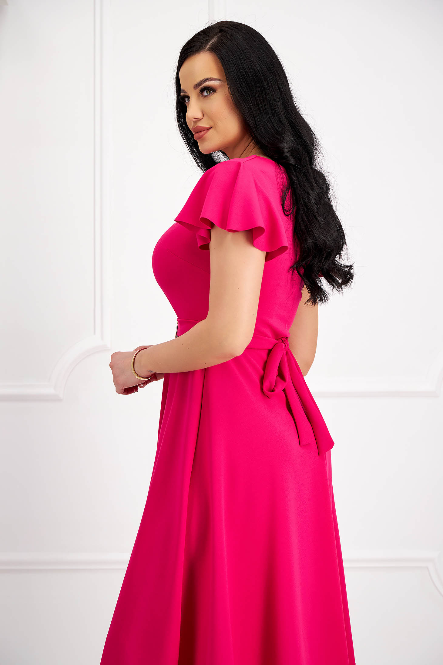 Pink crepe midi dress in flared style with bell sleeves and detachable belt - SunShine 3 - StarShinerS.com