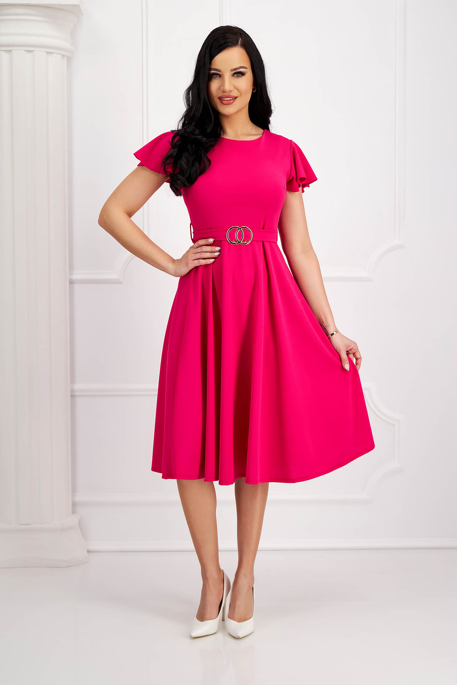Pink crepe midi dress in flared style with bell sleeves and detachable belt - SunShine 5 - StarShinerS.com