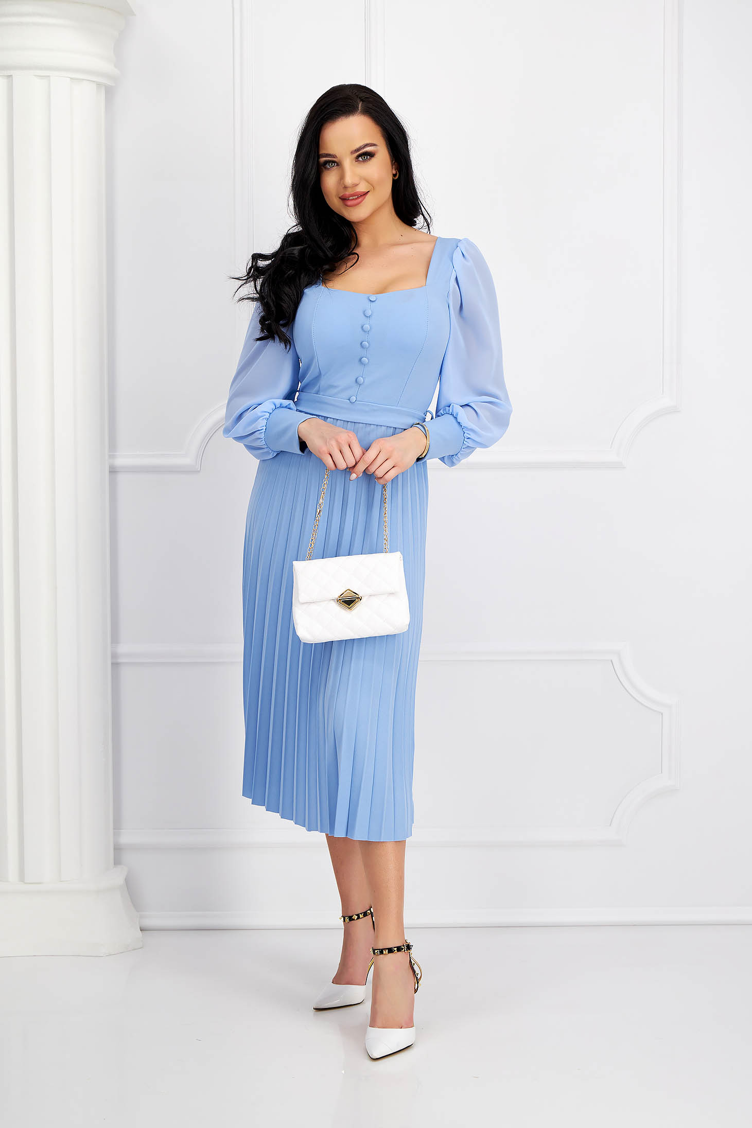 Lightblue dress pleated crepe cloche with puffed sleeves with veil sleeves 5 - StarShinerS.com