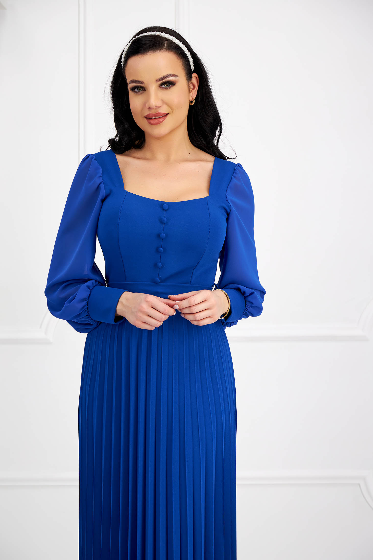 Pleated Crepe Dress in Blue A-Line with Puff Sleeves in Veil - SunShine 2 - StarShinerS.com