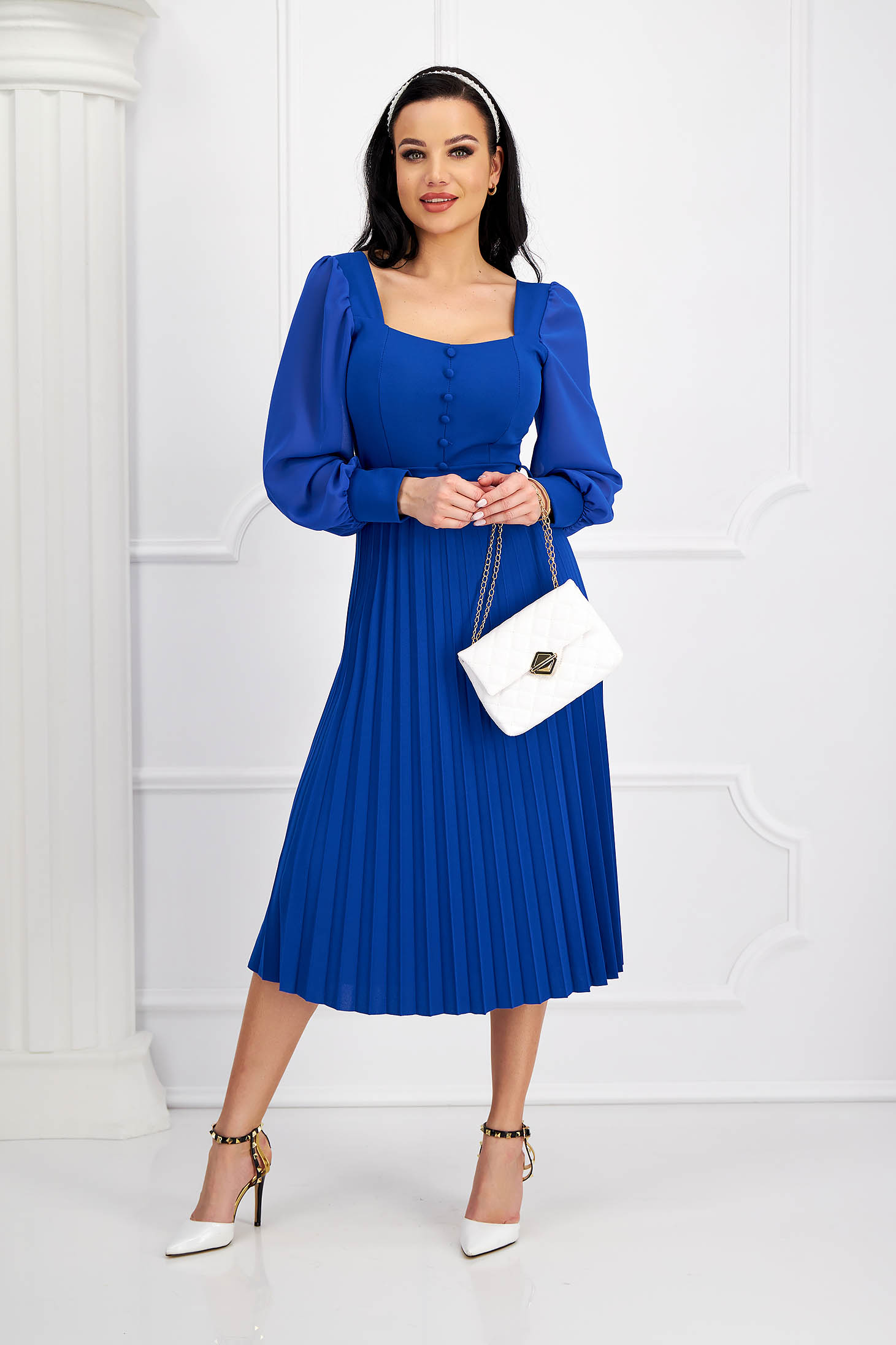 Pleated Crepe Dress in Blue A-Line with Puff Sleeves in Veil - SunShine 5 - StarShinerS.com