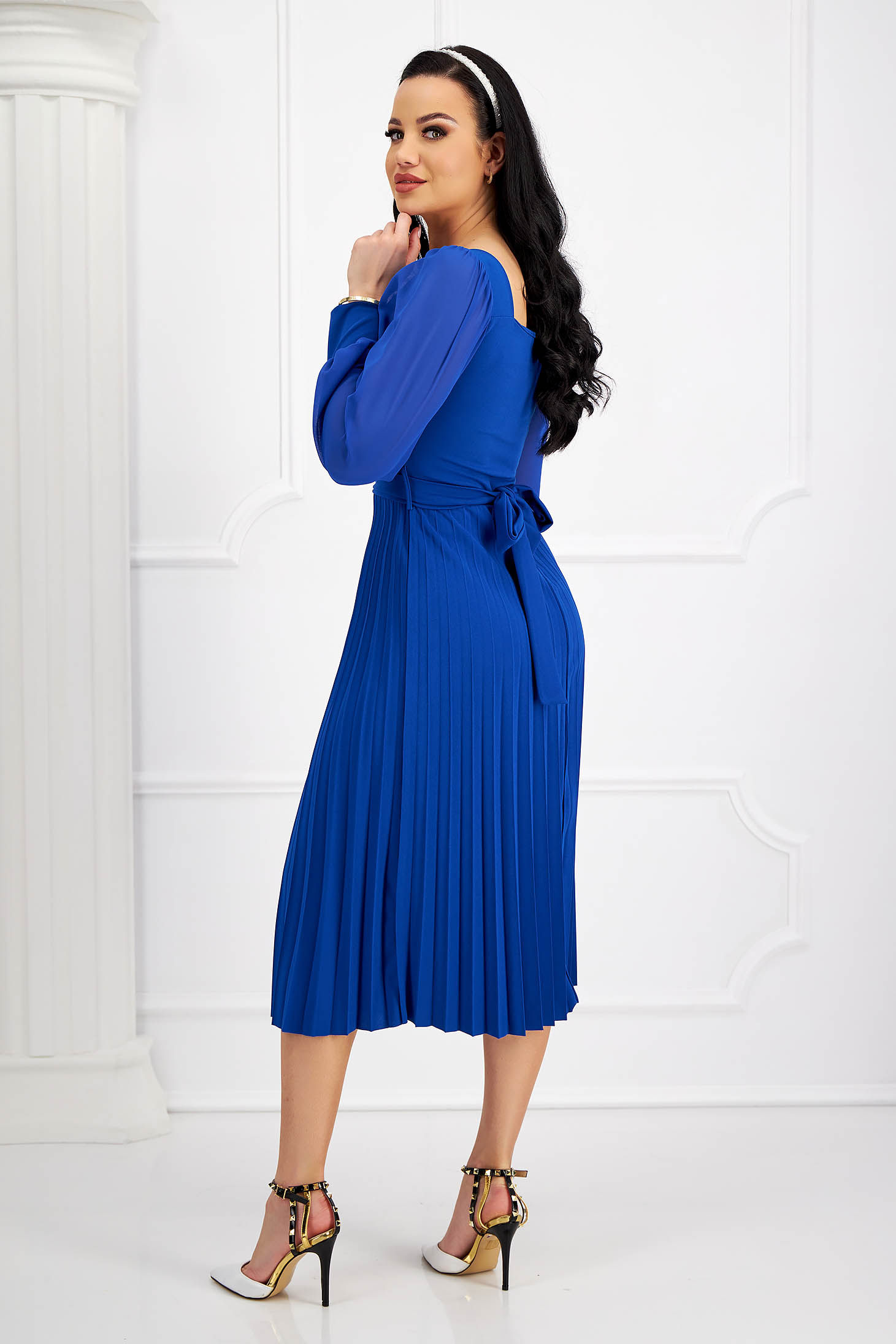 Pleated Crepe Dress in Blue A-Line with Puff Sleeves in Veil - SunShine 4 - StarShinerS.com