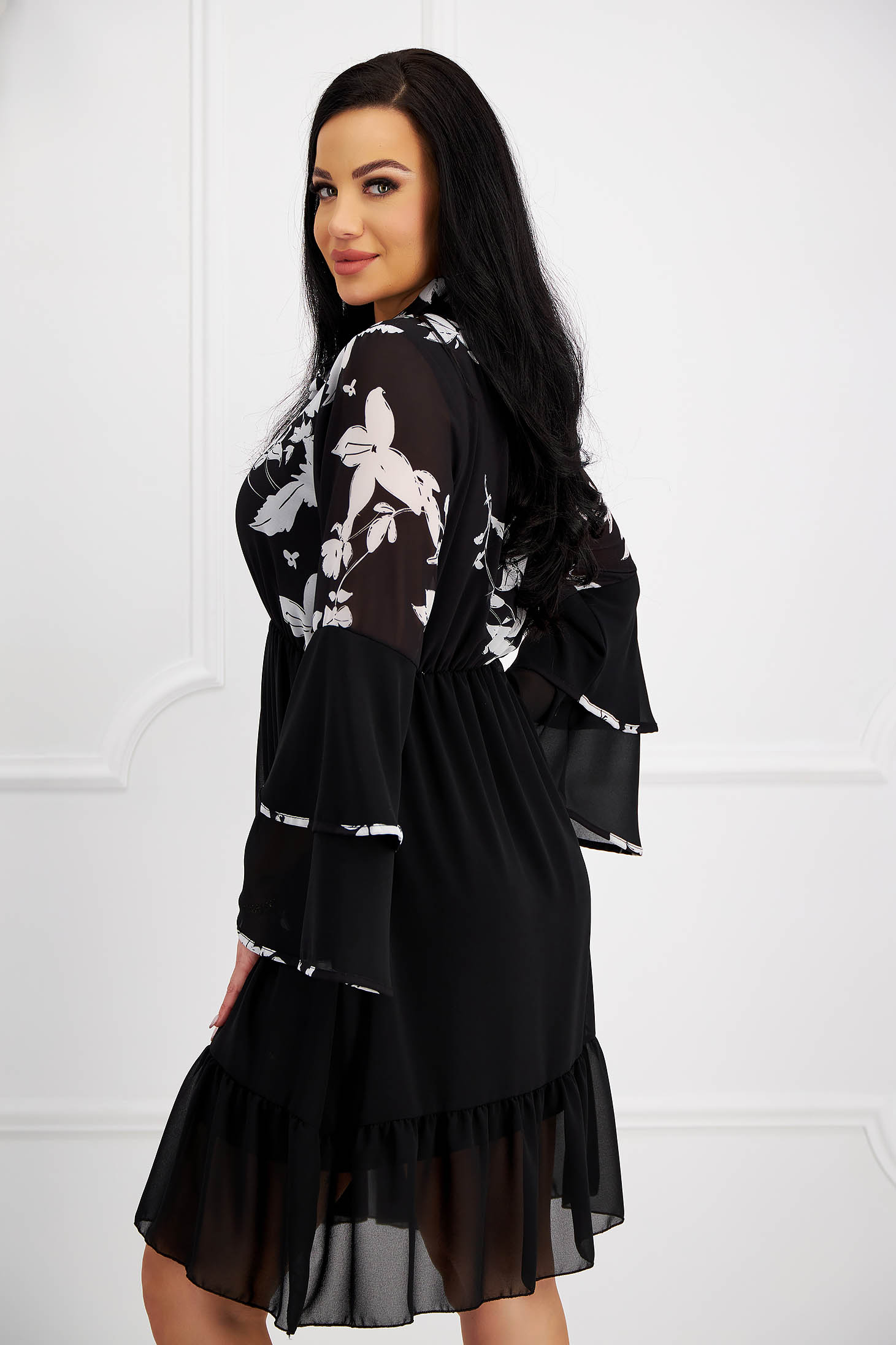 Black voal dress in A-line with elastic at the waist and ruffles at the sleeve - SunShine 6 - StarShinerS.com
