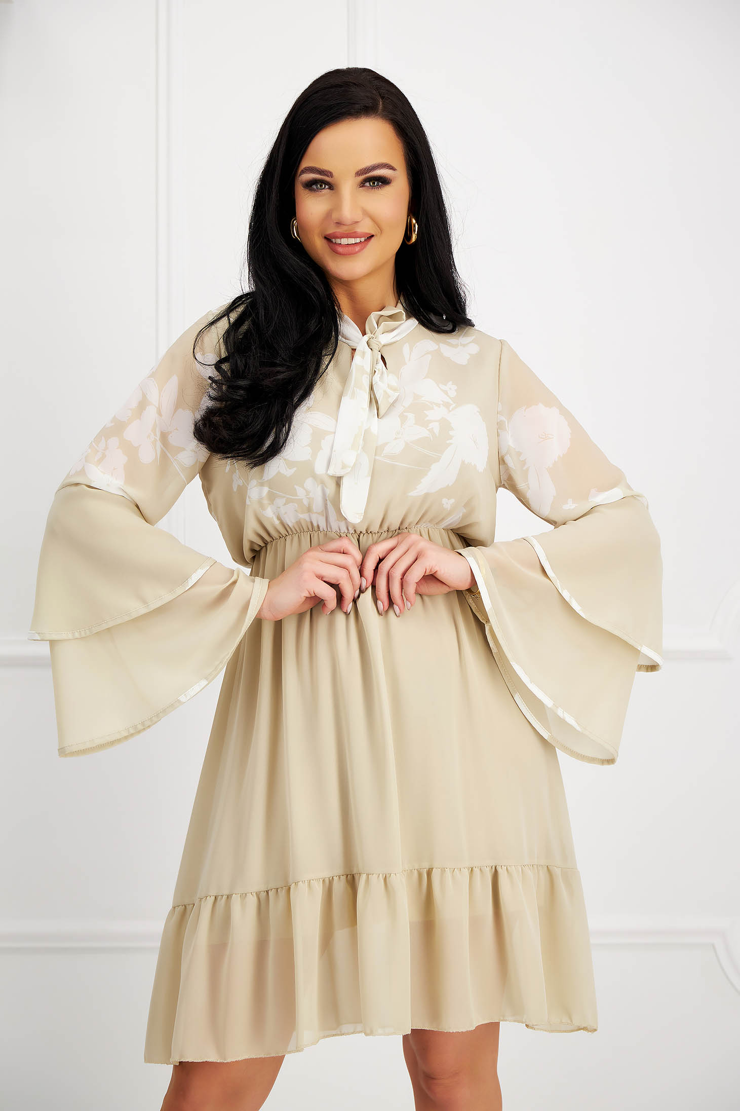 Chiffon Cream Dress in A-line with Elastic Waist and Ruffle Sleeves - SunShine 5 - StarShinerS.com
