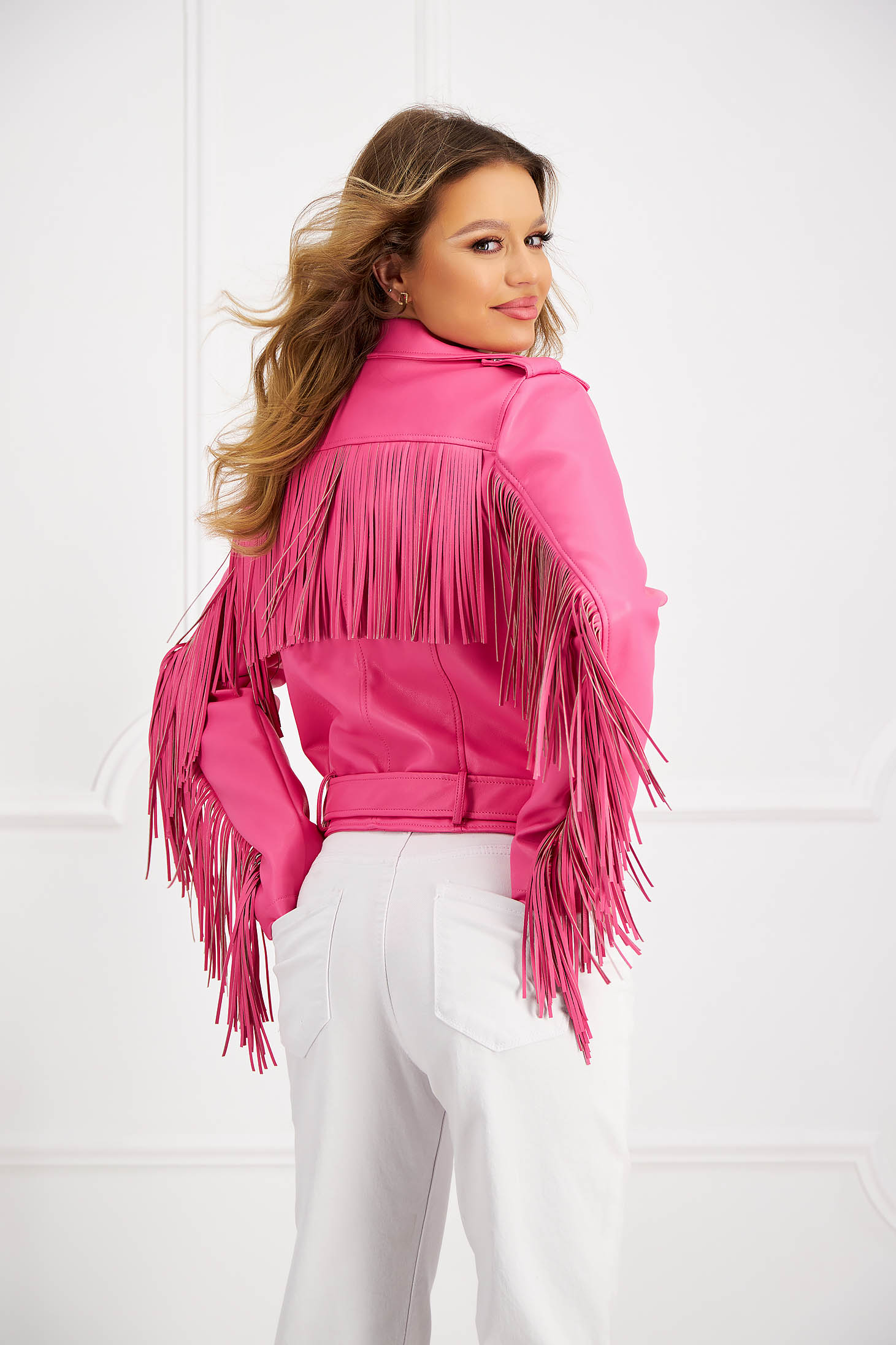 Pink faux leather jacket with a straight cut accessorized with textile fringes - SunShine 3 - StarShinerS.com